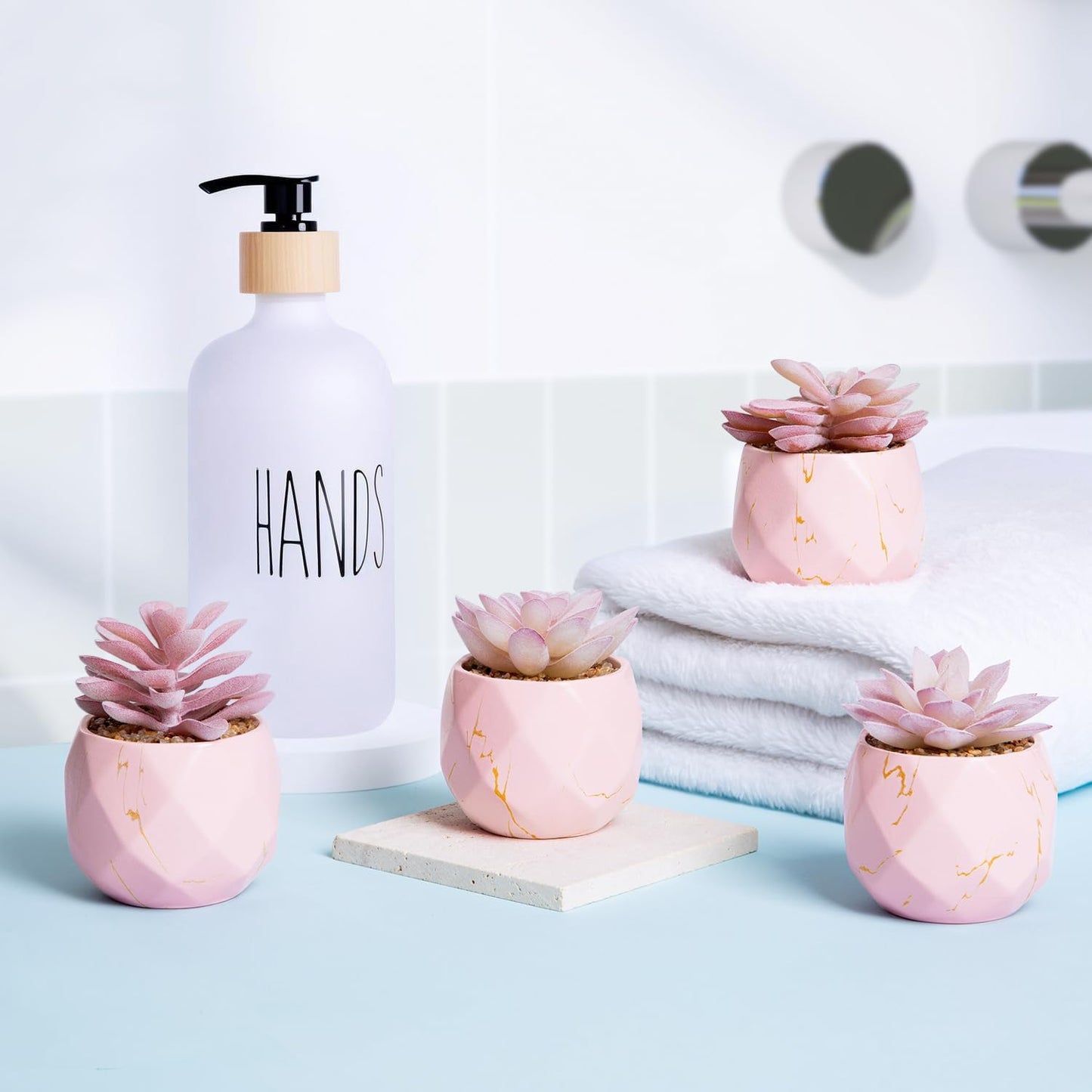 Artificial Succulent Plants in 4 Pink Ceramic Pots, Cute Fake Plants for Vanity Decor, Office, Desk, Bathroom, Kitchen, Bedroom, Shelves Decor for Women, Girls Gift