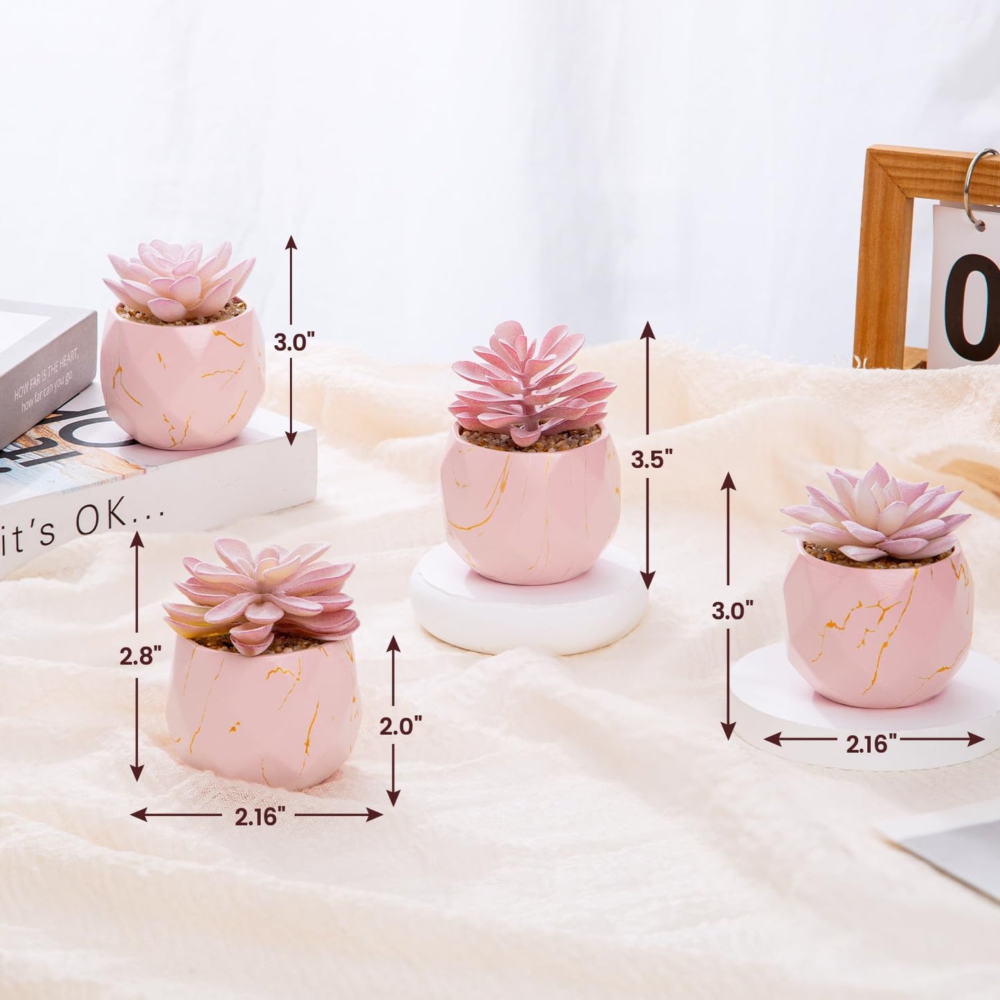 Artificial Succulent Plants in 4 Pink Ceramic Pots, Cute Fake Plants for Vanity Decor, Office, Desk, Bathroom, Kitchen, Bedroom, Shelves Decor for Women, Girls Gift