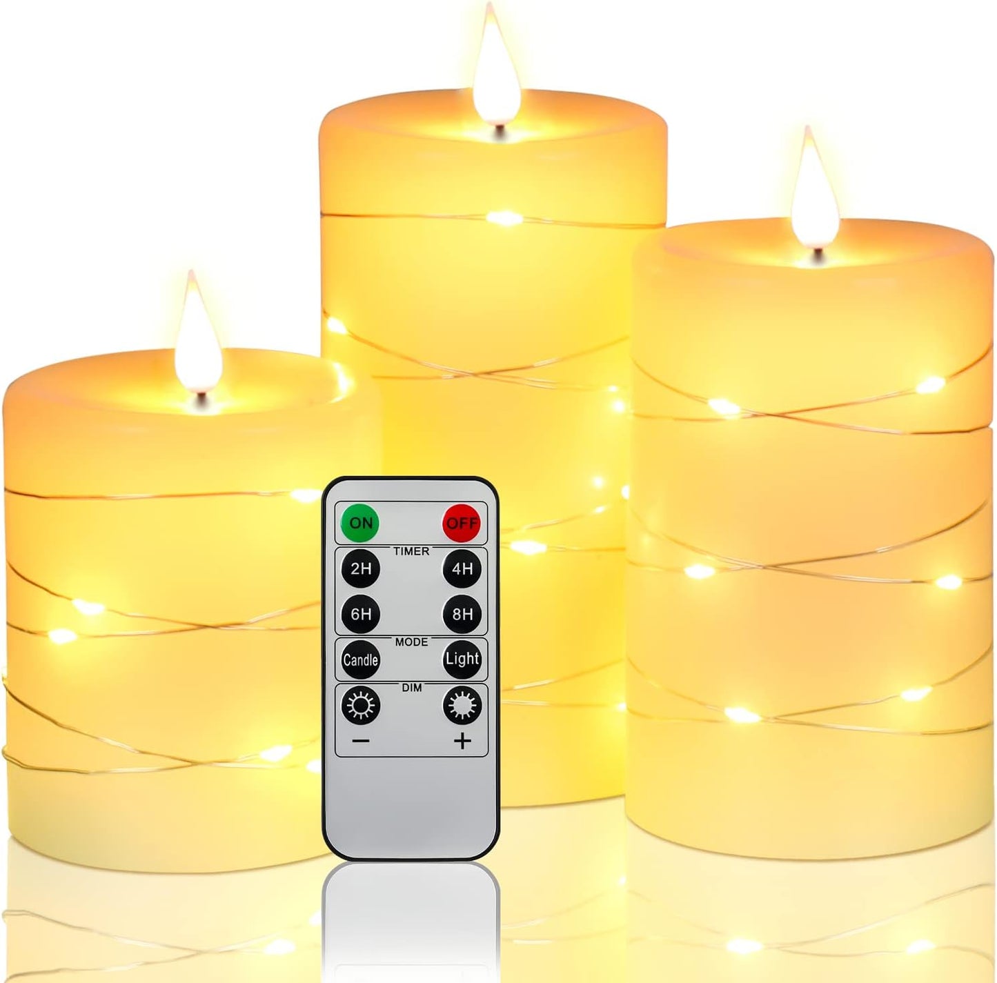 ๐ธ Pink Flameless Candles with Fairy String Lights โ Real Wax LED Candles with Remote & Timer, 3-Pack โ Perfect for Home, Office, and Gaming Spaces