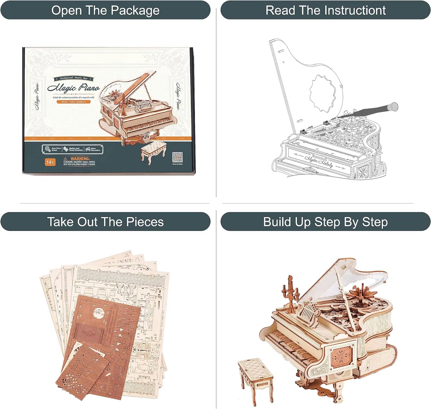 ROKR Magic Piano 3D Wooden Puzzle โ Mechanical DIY Music Box Model Kit with Moving Keys โ Aesthetic Desk Decor & Unique Gift for Adults