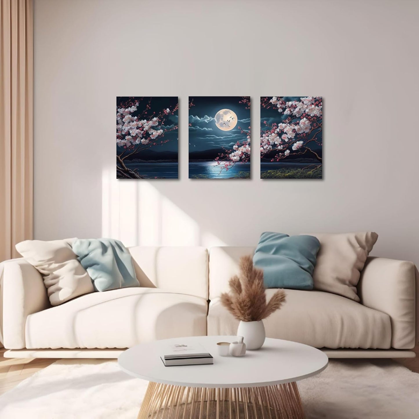 🌸🎑Cherry Blossom Moon Lake Framed Canvas Wall Art – Set of 3 | Japanese-Inspired Floral Landscape Prints for Game Stations, Offices & Home Decor | 16"x12" Each | Geek Findings Cherry Blossom Collection