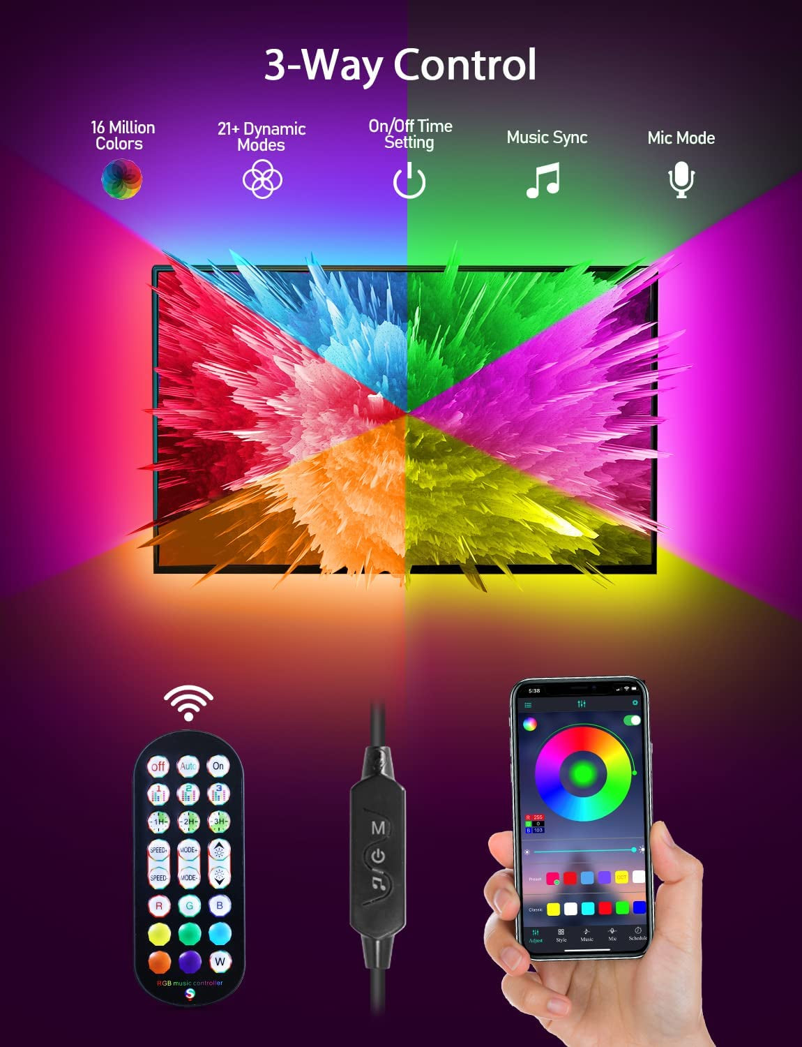 RGB LED TV Backlight Strip โ USB Powered, Music Sync & App Control | 9.84ft for 32"-43" Screens | Mood Lighting for Gaming, Workspaces & Entertainment Rooms