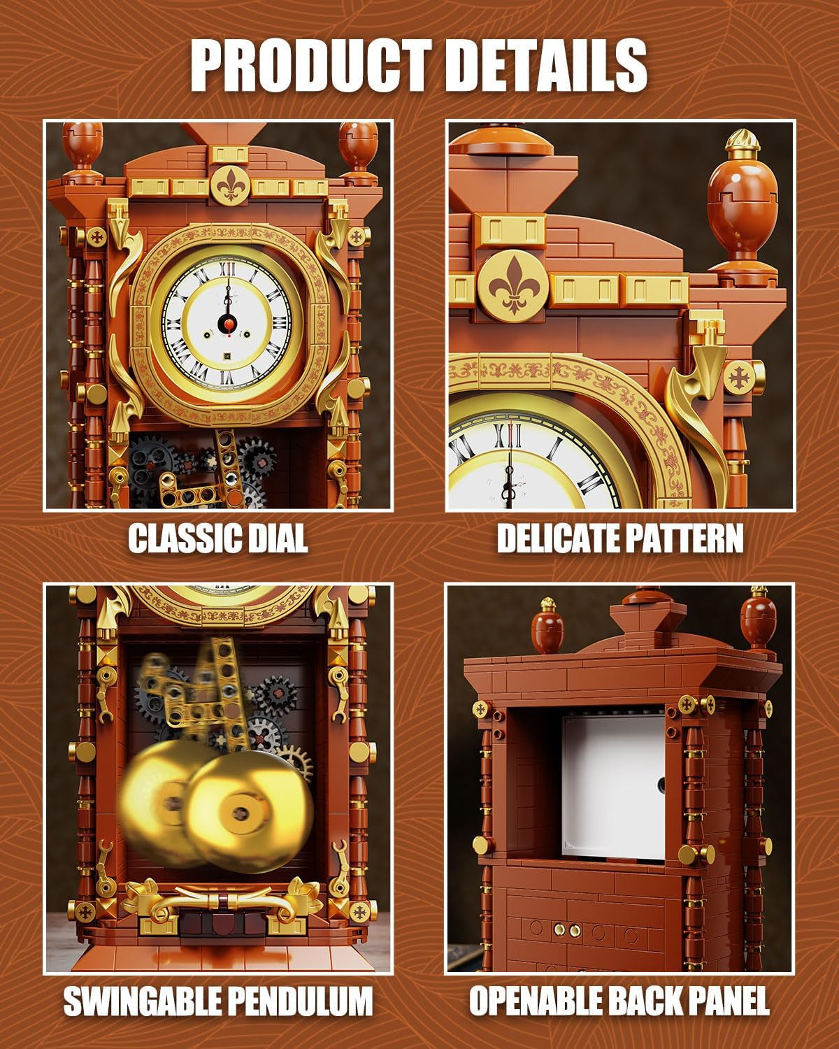Vintage Pendulum Clock Building Block Set – Functional Mechanical Clock with Swinging Pendulum | 751-Piece STEM Kit & Geeky Home Decor for Adults and Collectors