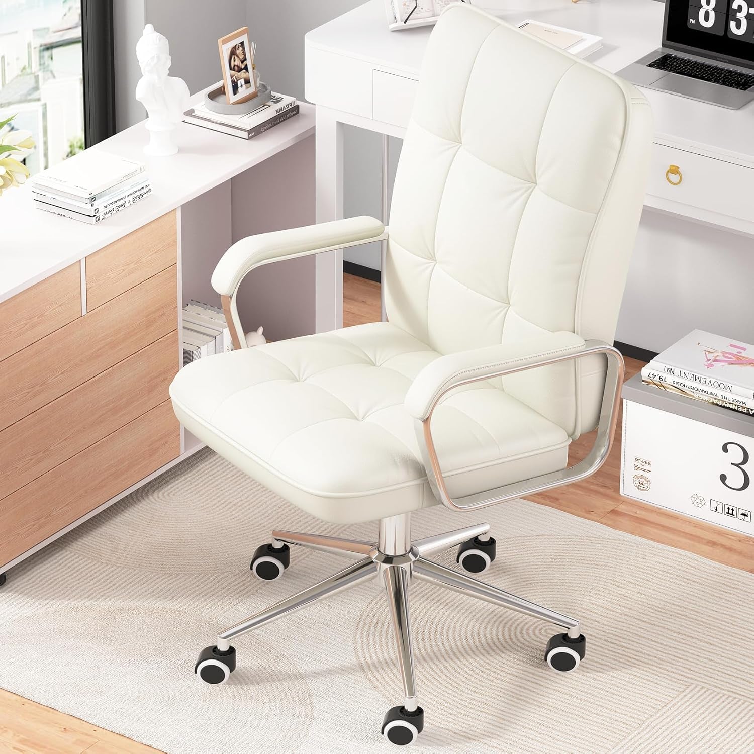 🌸Blossom Luxe: Pink PU Leather Office Chair – Adjustable Swivel Desk Chair with Wheels and Padded Arms | Cherry Blossom Collection