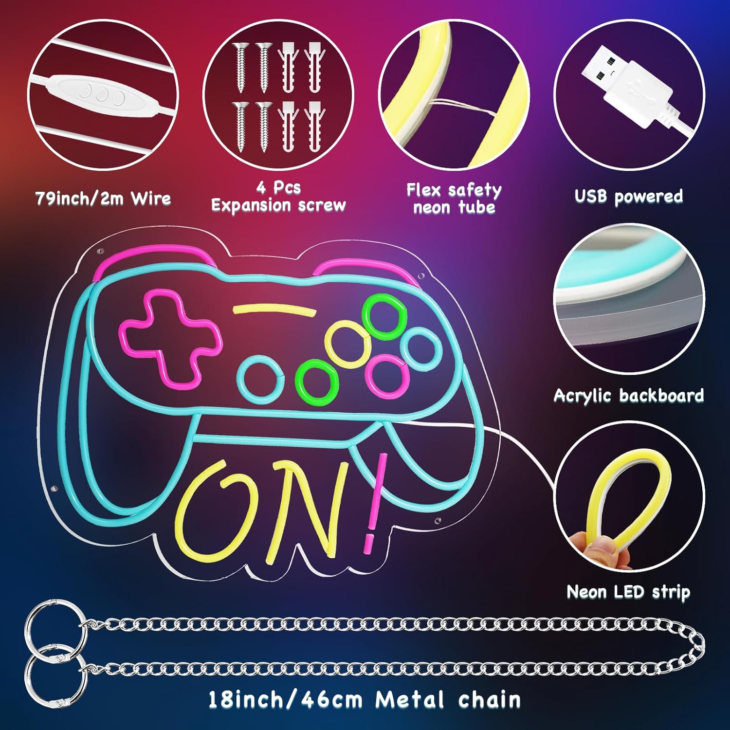 ๐ฎ Gamer Neon Sign โ XL LED Gamepad Light | Dimmable USB Wall Sign for Streamers & Gamers