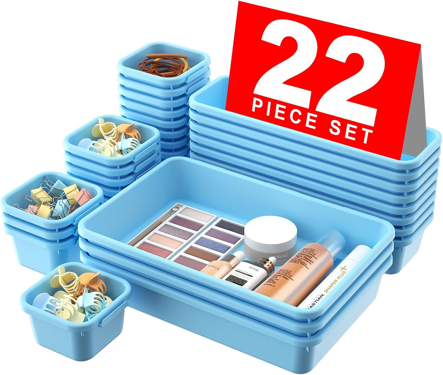 🧩 22-Piece Drawer Organizer Set – Multi-Size Plastic Storage Bins for Desk, Bathroom, Vanity, Kitchen & Office | Stackable, Easy-Clean, Customizable Drawer Dividers