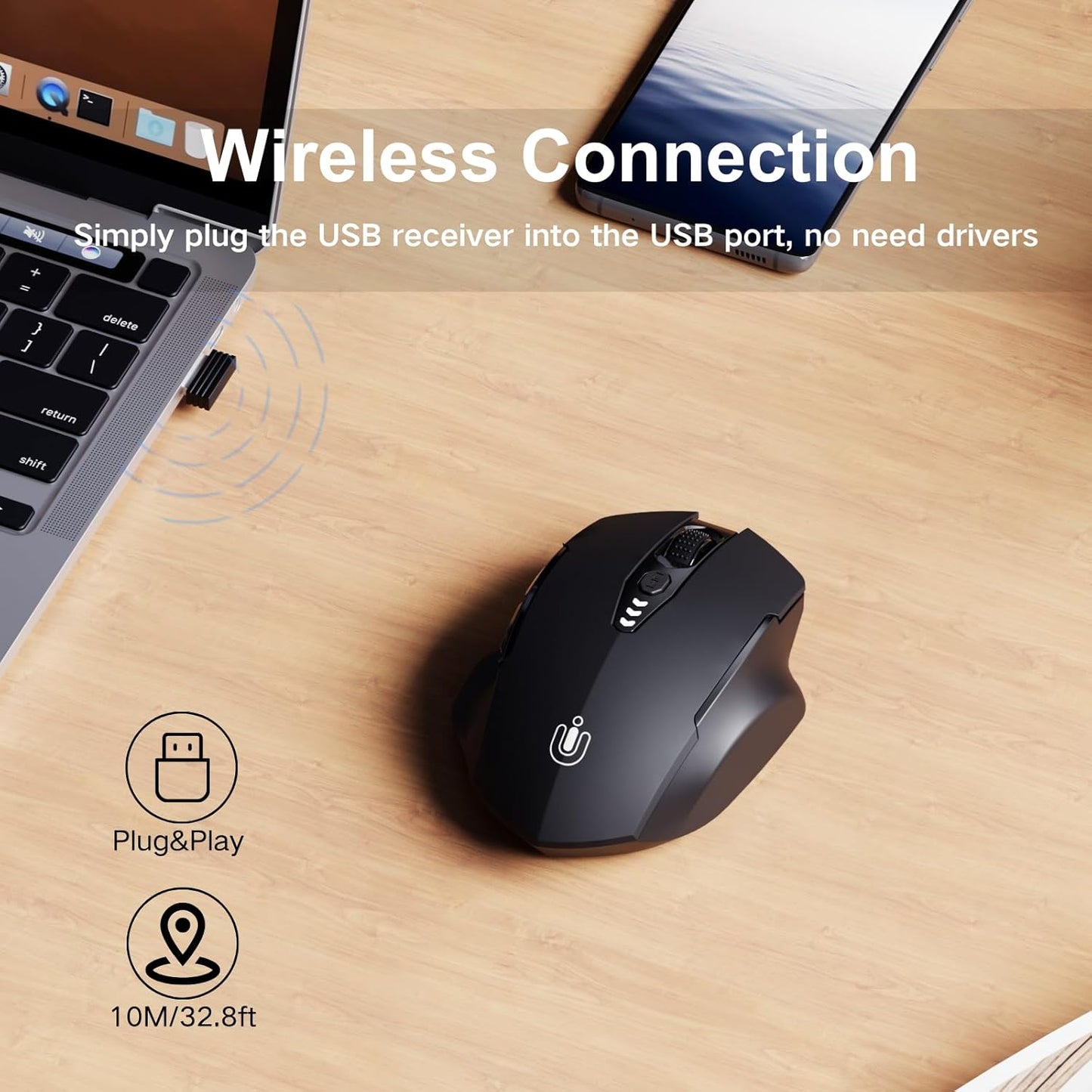 ⚡ Ergonomic Wireless Mouse with Visible Battery Level – 2.4GHz, Rechargeable, 4 DPI Settings