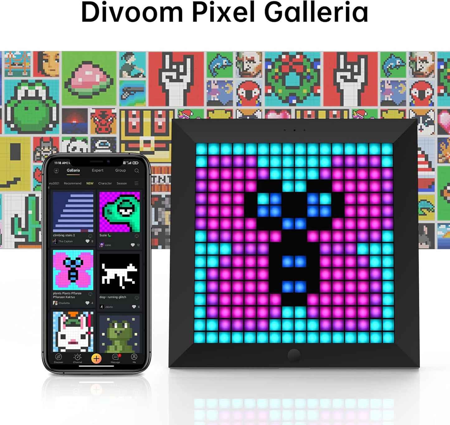 Pixoo - Pixel Art Digital Picture Frame with 16X16 LED Display APP Control - Cool Animation Frame Wall/Desk Mount for Gaming Room & Bedside Table -Black