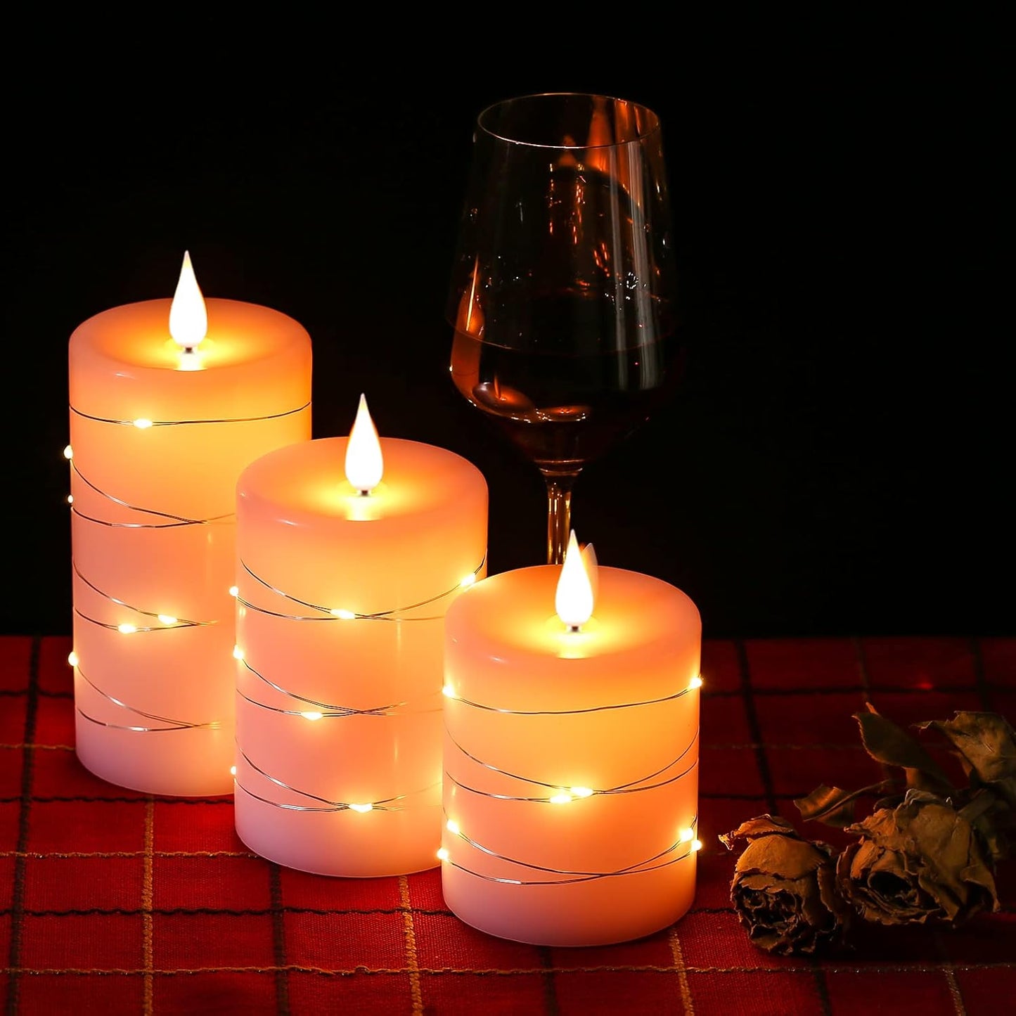 ๐ธ Pink Flameless Candles with Fairy String Lights โ Real Wax LED Candles with Remote & Timer, 3-Pack โ Perfect for Home, Office, and Gaming Spaces