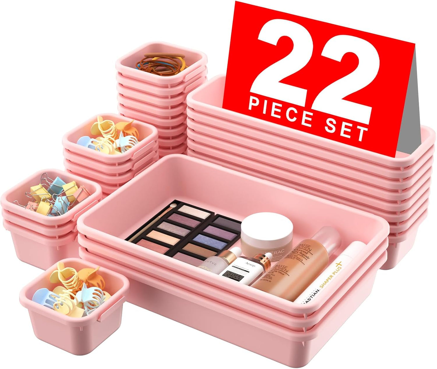 🧩 22-Piece Drawer Organizer Set – Multi-Size Plastic Storage Bins for Desk, Bathroom, Vanity, Kitchen & Office | Stackable, Easy-Clean, Customizable Drawer Dividers