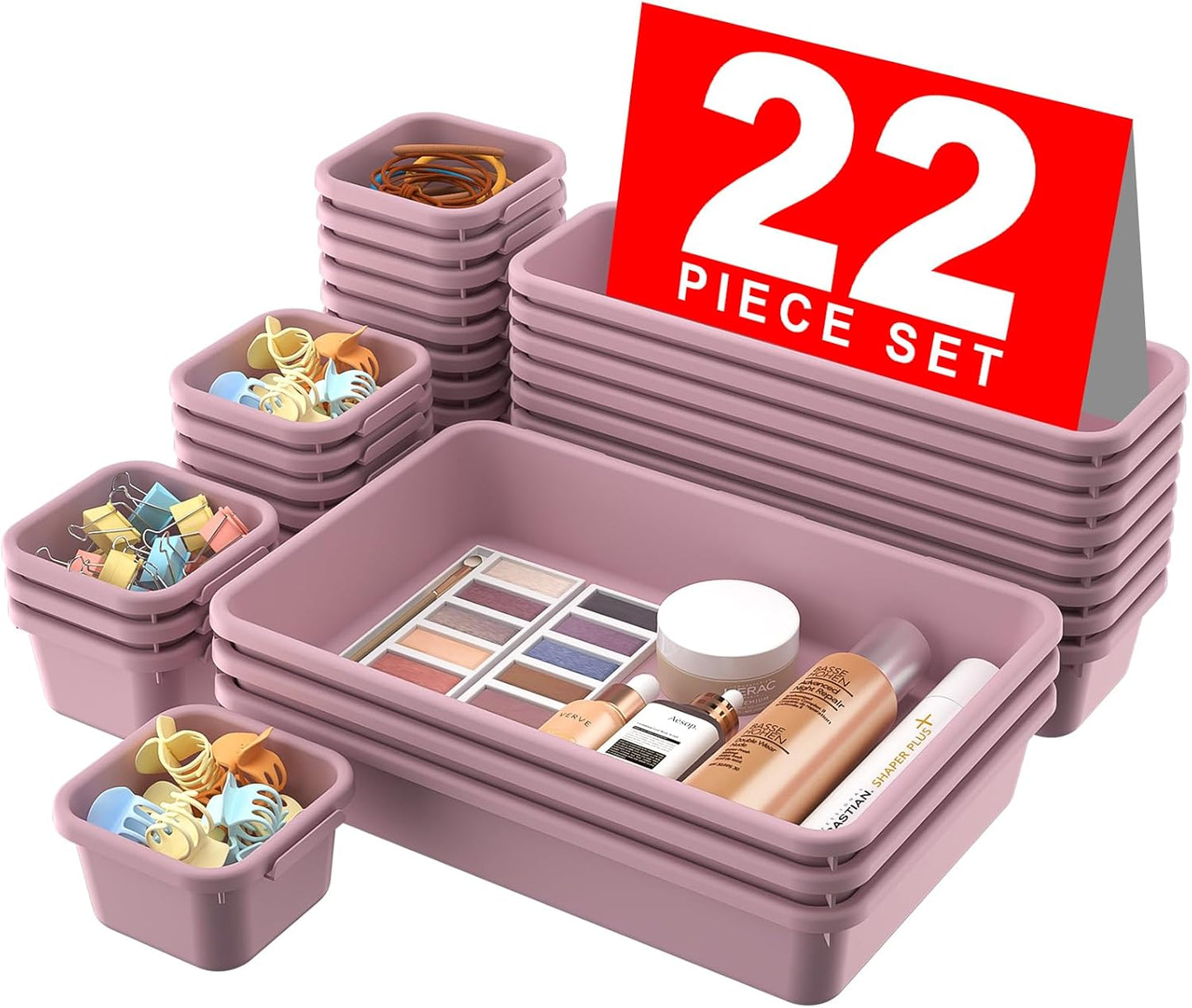🧩 22-Piece Drawer Organizer Set – Multi-Size Plastic Storage Bins for Desk, Bathroom, Vanity, Kitchen & Office | Stackable, Easy-Clean, Customizable Drawer Dividers