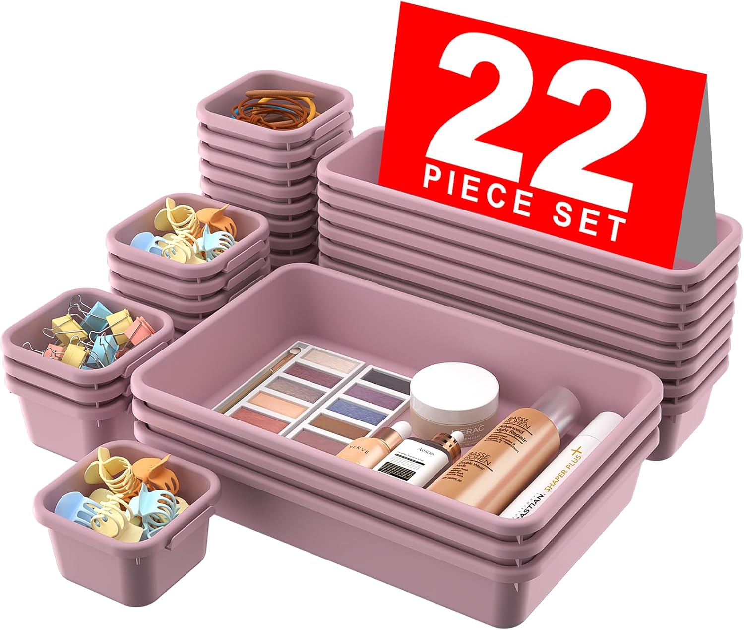 🧩 22-Piece Drawer Organizer Set – Multi-Size Plastic Storage Bins for Desk, Bathroom, Vanity, Kitchen & Office | Stackable, Easy-Clean, Customizable Drawer Dividers