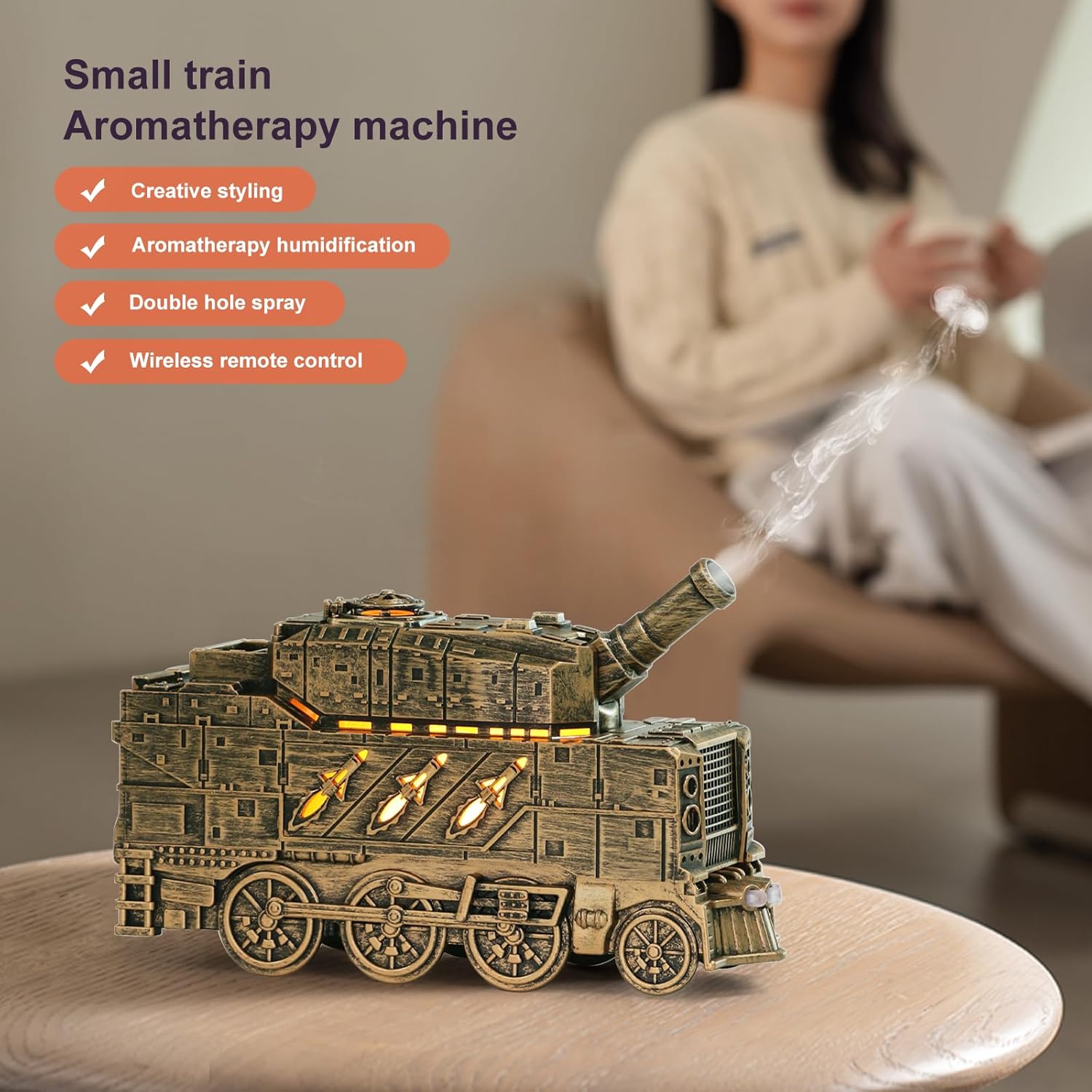 🛡️ 300ML Tank-Shaped Essential Oil Diffuser – Ultrasonic Cool Mist Aroma Diffuser with Remote Control, 2 Light Modes & Auto Shut-Off