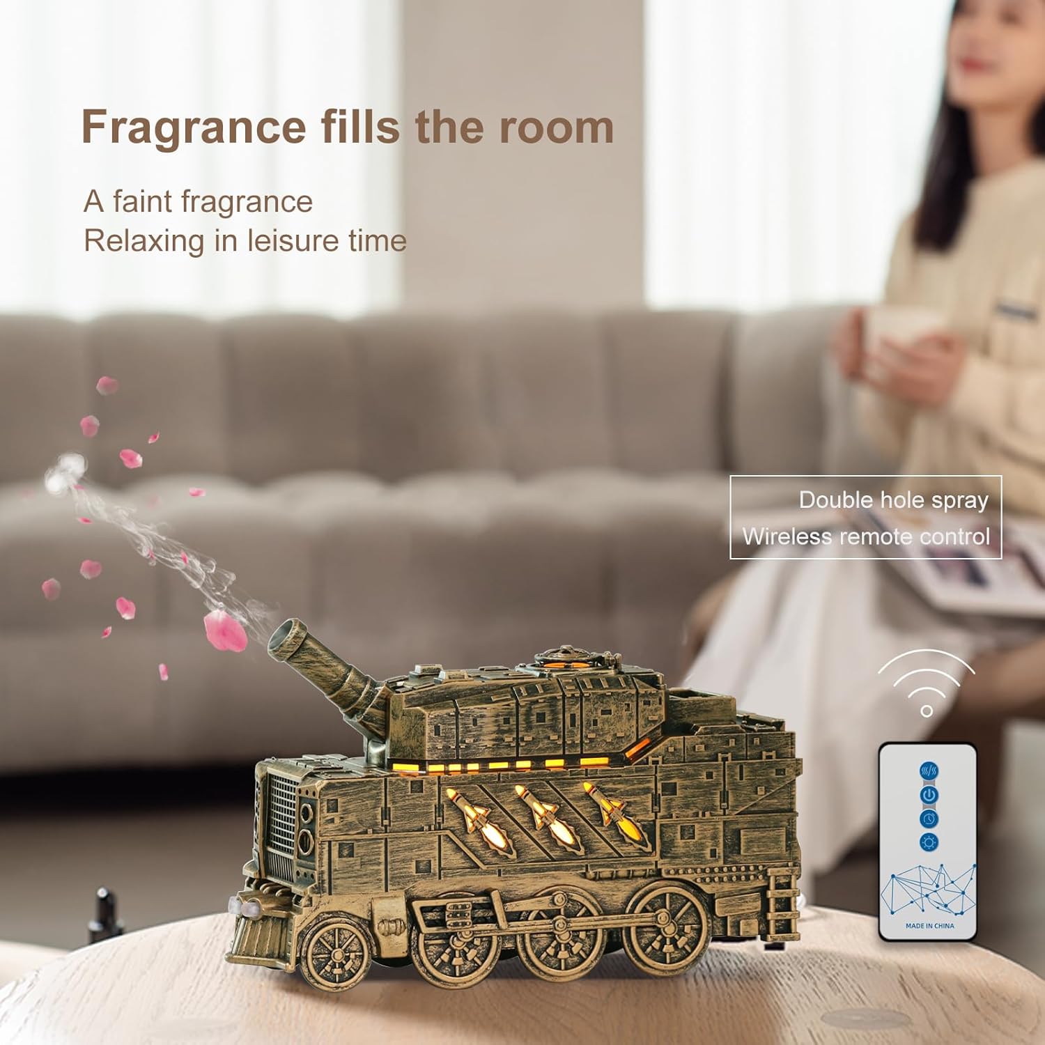 🛡️ 300ML Tank-Shaped Essential Oil Diffuser – Ultrasonic Cool Mist Aroma Diffuser with Remote Control, 2 Light Modes & Auto Shut-Off
