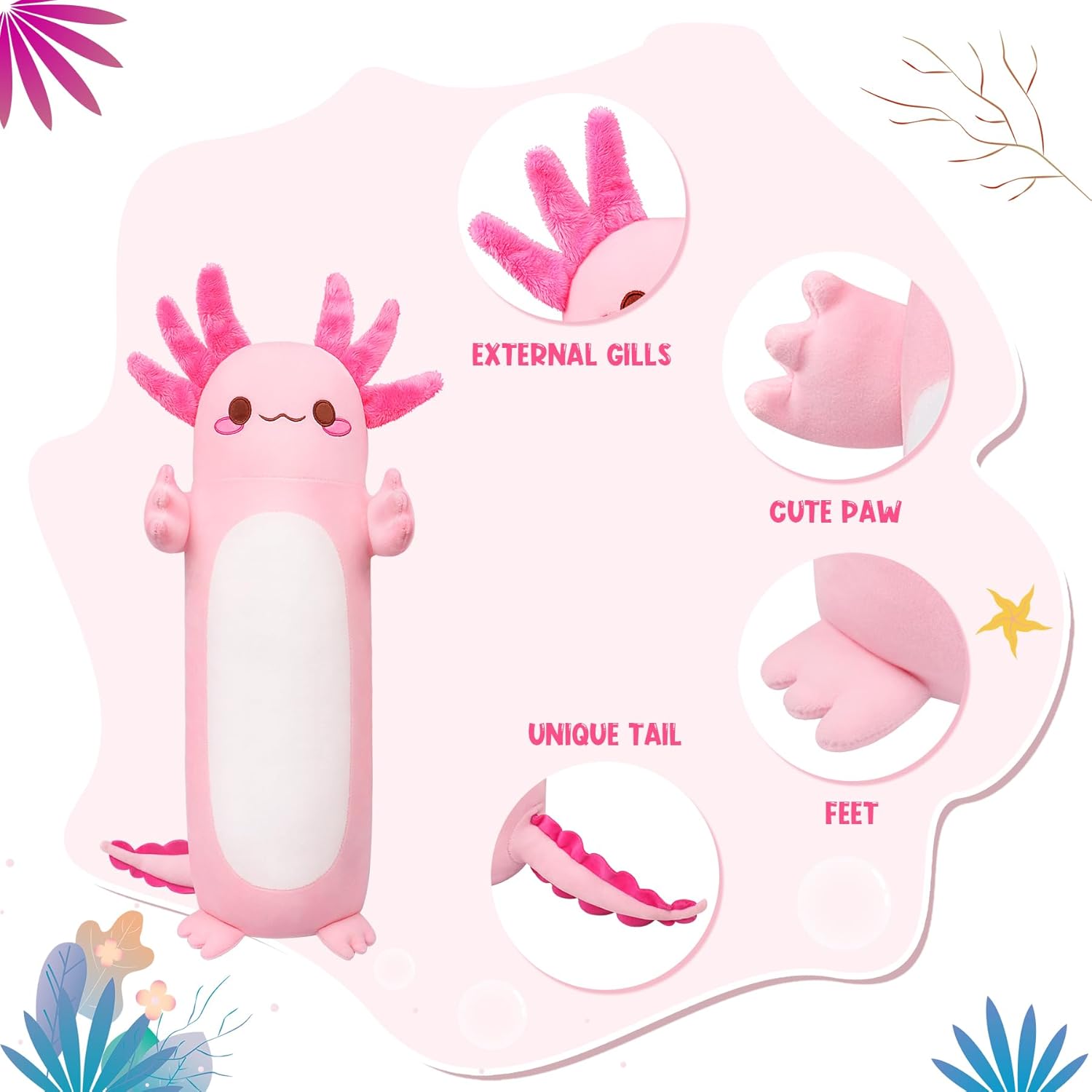 🌸20" Standing Axolotl Plush Pillow – Soft Pink Kawaii Cat-Faced Salamander Hug Toy for Adults, Gamers & Office Decor | Geek Findings Exclusive