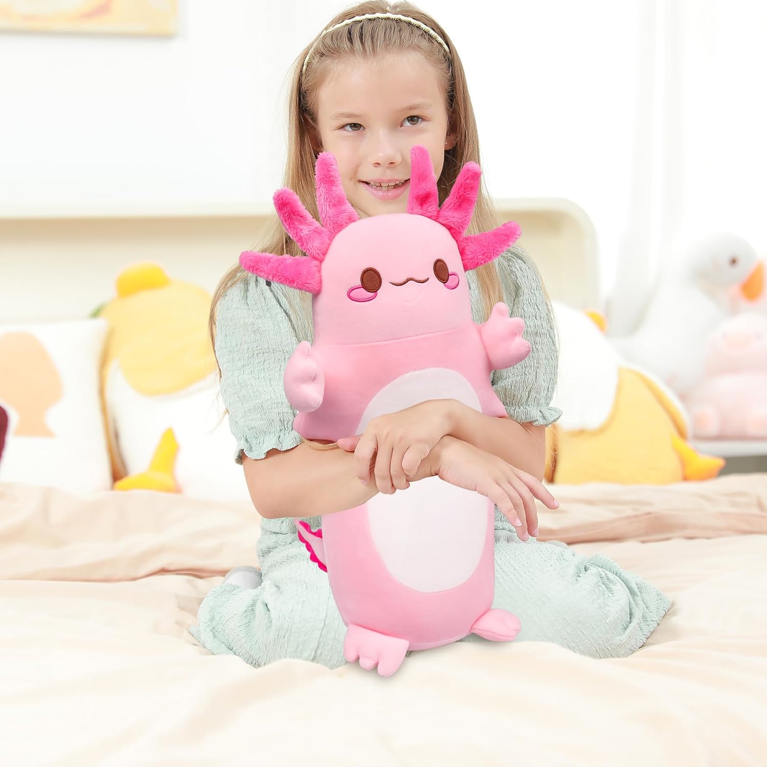 🌸20" Standing Axolotl Plush Pillow – Soft Pink Kawaii Cat-Faced Salamander Hug Toy for Adults, Gamers & Office Decor | Geek Findings Exclusive