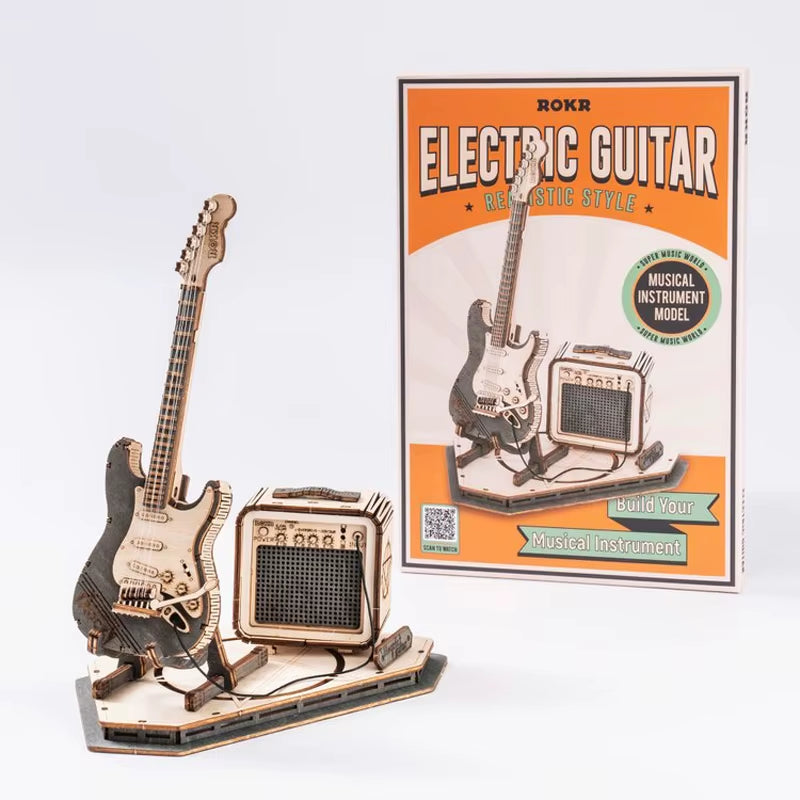 ๐ธ 3D Wooden Electric Guitar Puzzle Kit โ ROKR DIY Mini Model for Adults & Teens | Creative Desk Decor, Gift for Musicians, Geeks & Hobbyists (TG605K)