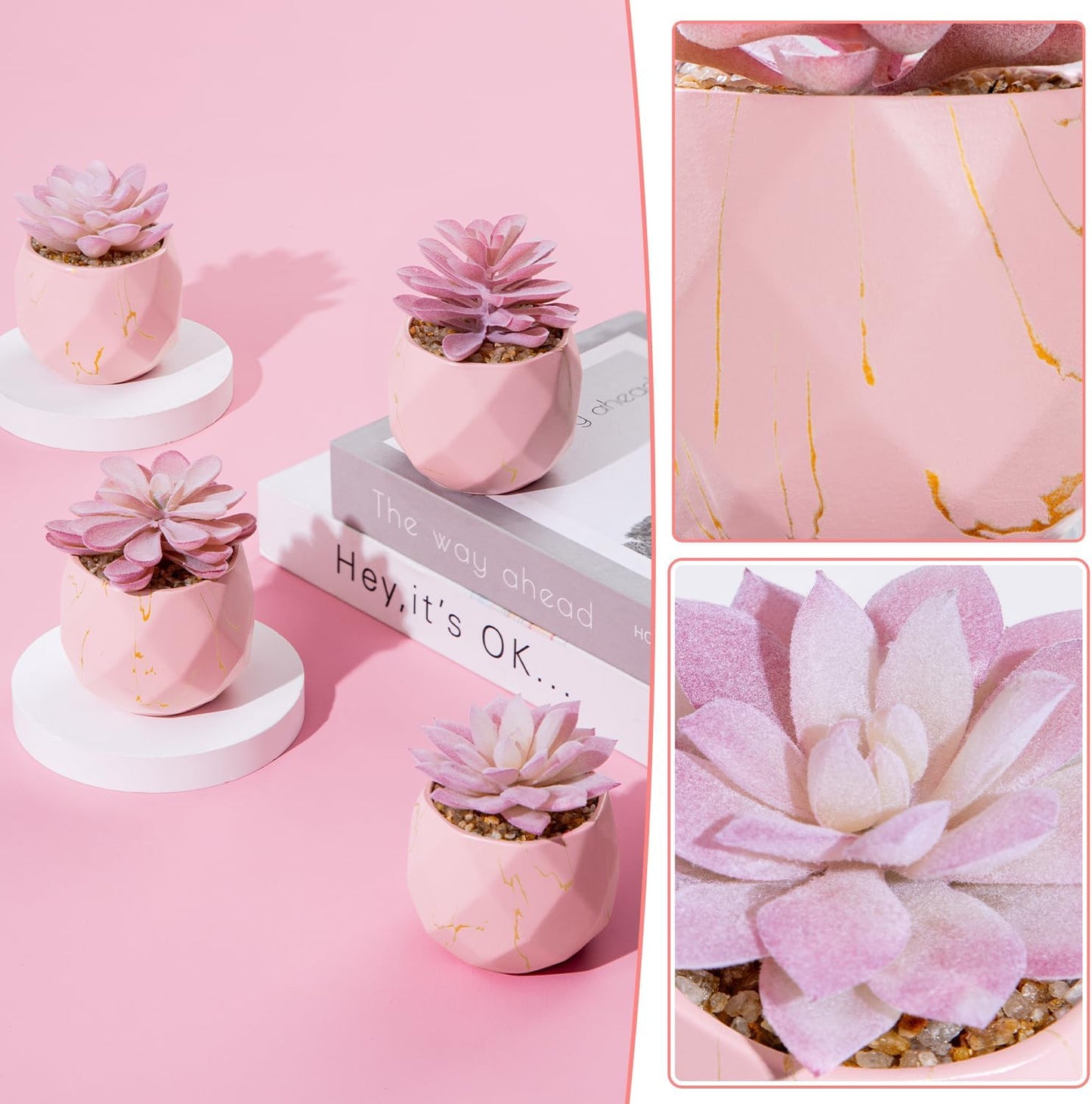 Artificial Succulent Plants in 4 Pink Ceramic Pots, Cute Fake Plants for Vanity Decor, Office, Desk, Bathroom, Kitchen, Bedroom, Shelves Decor for Women, Girls Gift