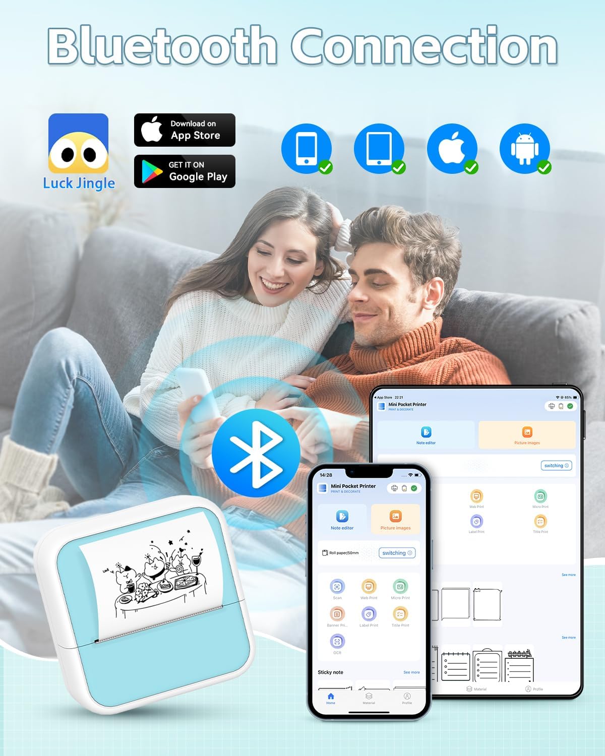 Mini Sticker Printer โ Portable Bluetooth Thermal Printer with Sticker Rolls | Inkless PrintPods for Journaling, DIY Notes, Labeling & Gifting | Fun Pocket Gadget for iPhone & Android