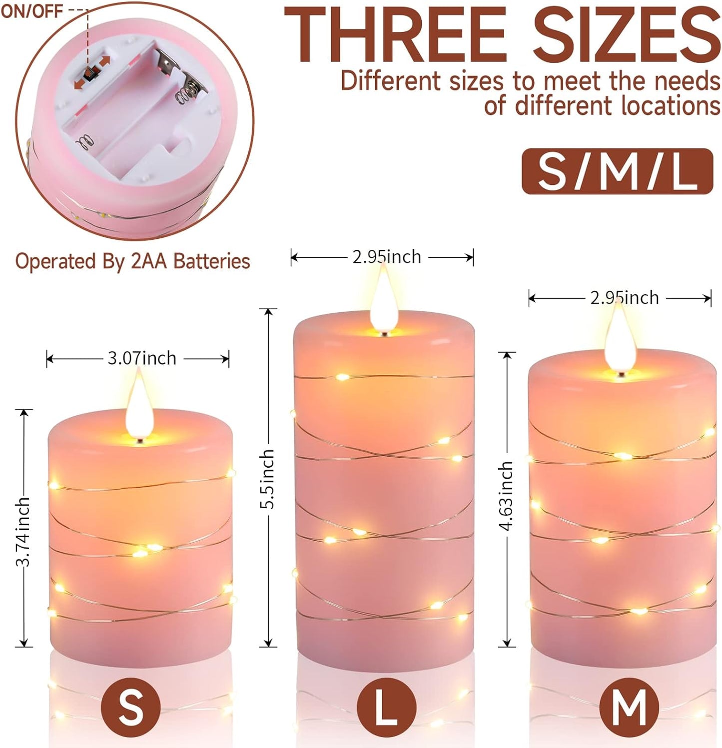 ๐ธ Pink Flameless Candles with Fairy String Lights โ Real Wax LED Candles with Remote & Timer, 3-Pack โ Perfect for Home, Office, and Gaming Spaces