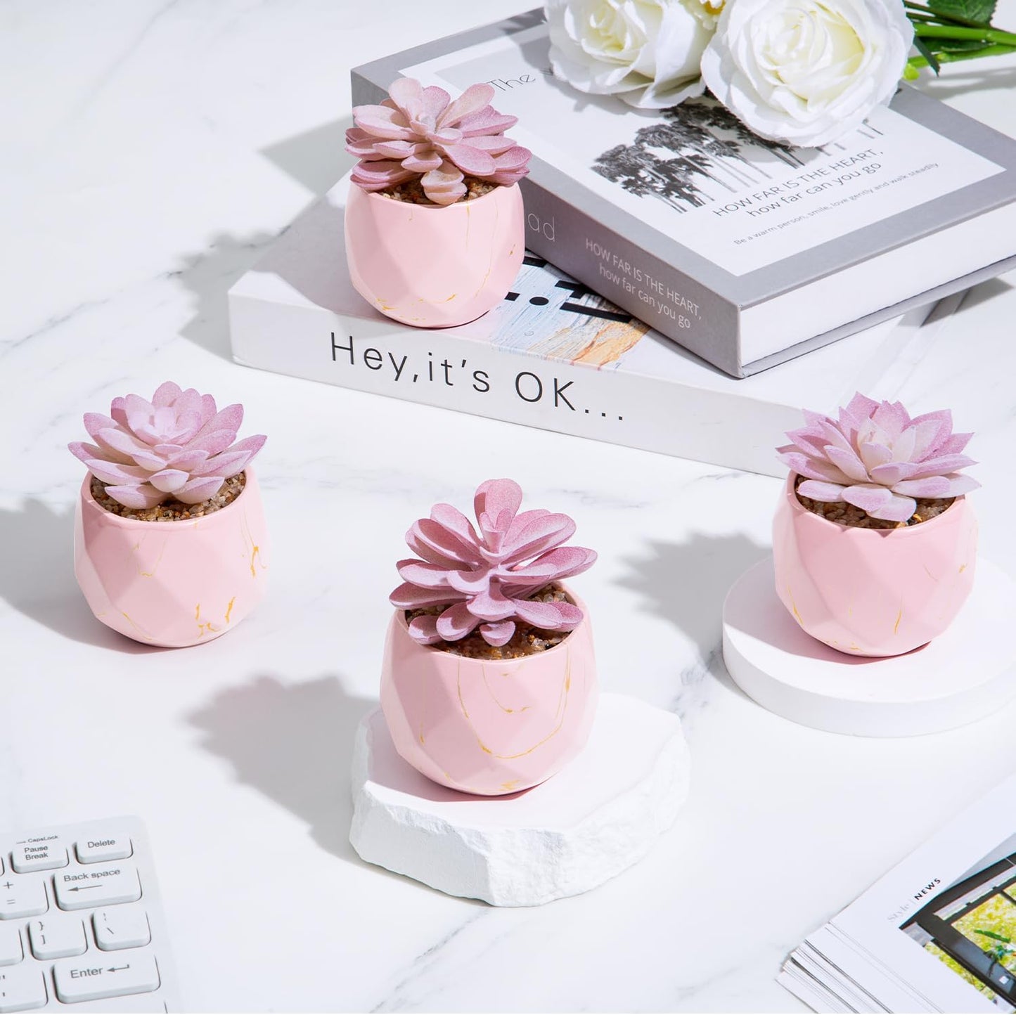 Artificial Succulent Plants in 4 Pink Ceramic Pots, Cute Fake Plants for Vanity Decor, Office, Desk, Bathroom, Kitchen, Bedroom, Shelves Decor for Women, Girls Gift