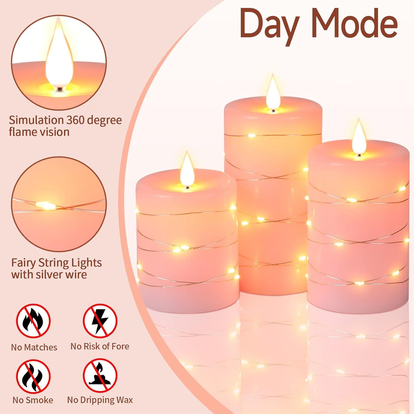 ๐ธ Pink Flameless Candles with Fairy String Lights โ Real Wax LED Candles with Remote & Timer, 3-Pack โ Perfect for Home, Office, and Gaming Spaces