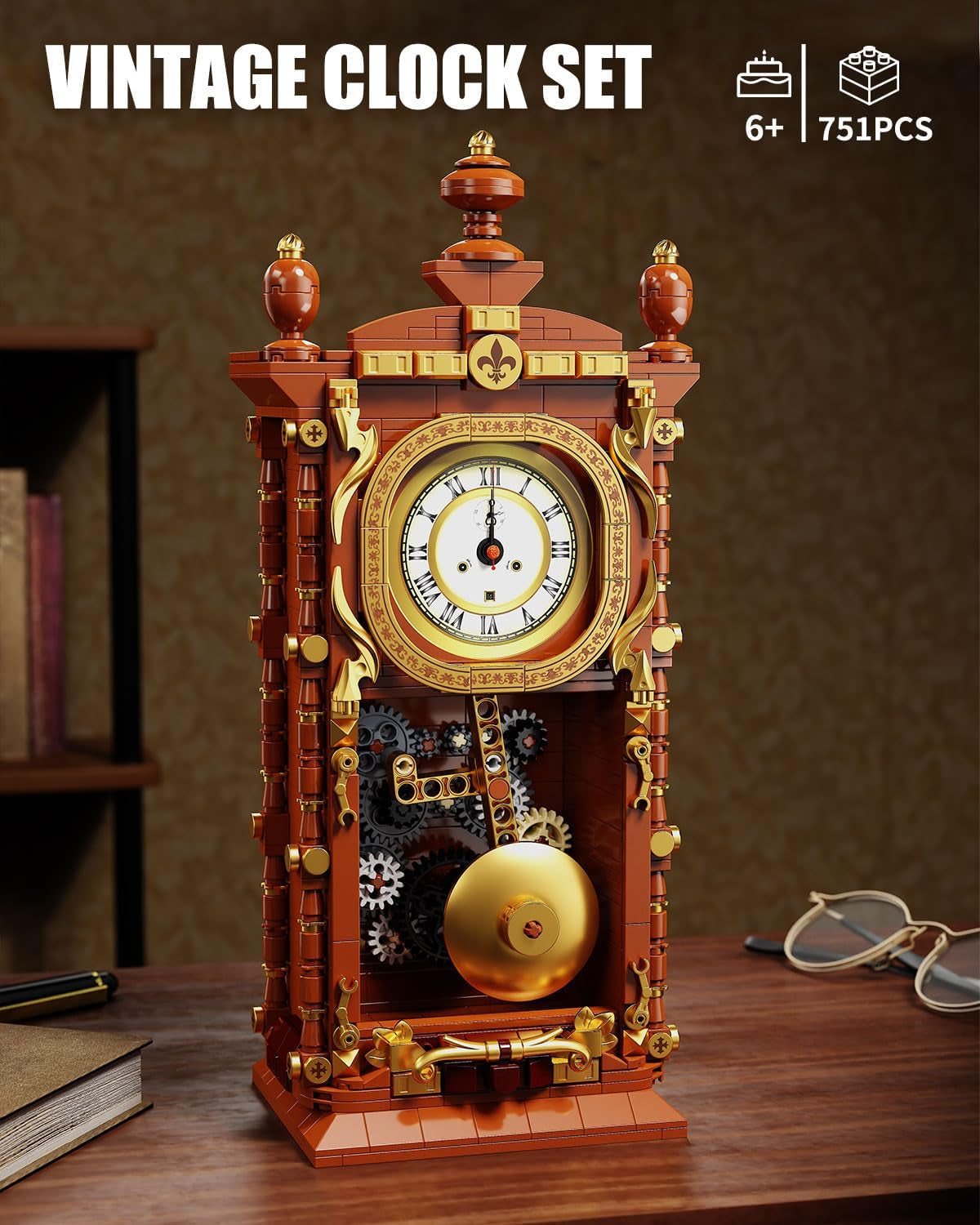 Vintage Pendulum Clock Building Block Set – Functional Mechanical Clock with Swinging Pendulum | 751-Piece STEM Kit & Geeky Home Decor for Adults and Collectors