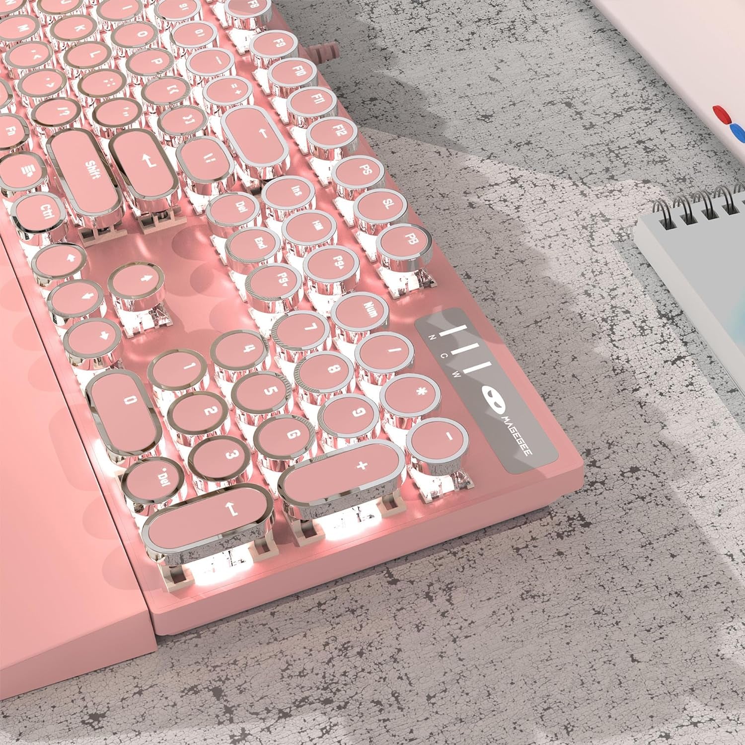 πΈβ¨οΈ Retro Pink Typewriter Mechanical Gaming Keyboard β 104-Key Blue Switch Wired Keyboard with LED White Backlight & Wrist Rest | Perfect for Office & Game Stations | Geek Findings Cherry Blossom Collection