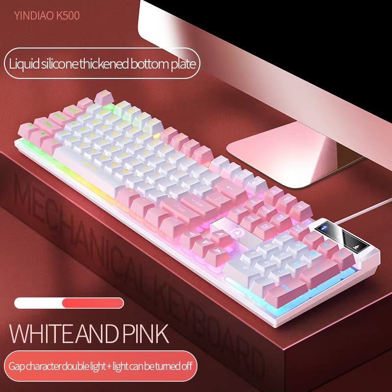 🌸⌨️K500 Wired Gaming Keyboard – 104-Key Full Size | Pink & White Keycaps | USB Plug-and-Play | Waterproof Backlit Keyboard for Laptop, PC | Cherry Blossom Collection | Geek Findings