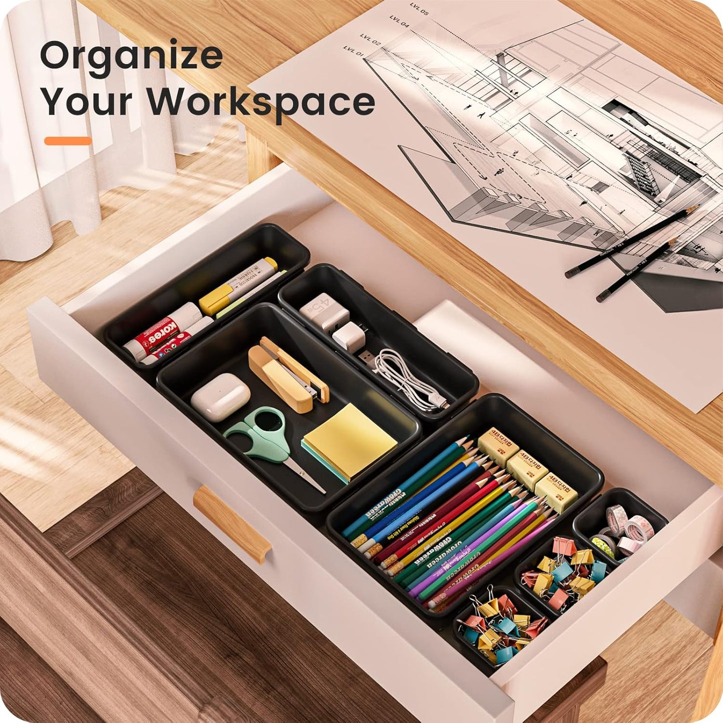 🧩 22-Piece Drawer Organizer Set – Multi-Size Plastic Storage Bins for Desk, Bathroom, Vanity, Kitchen & Office | Stackable, Easy-Clean, Customizable Drawer Dividers
