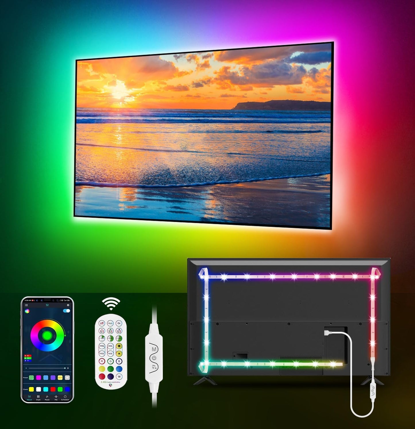 RGB LED TV Backlight Strip โ USB Powered, Music Sync & App Control | 9.84ft for 32"-43" Screens | Mood Lighting for Gaming, Workspaces & Entertainment Rooms