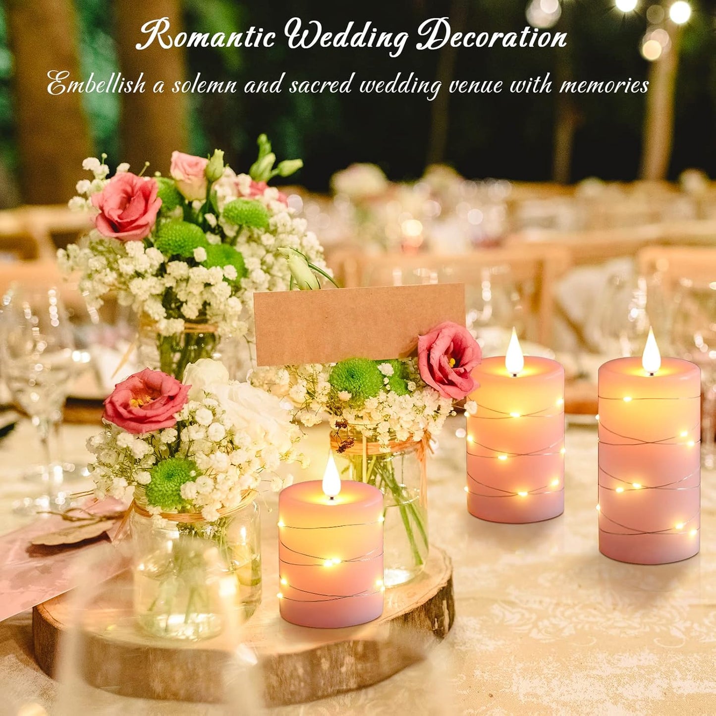 ๐ธ Pink Flameless Candles with Fairy String Lights โ Real Wax LED Candles with Remote & Timer, 3-Pack โ Perfect for Home, Office, and Gaming Spaces