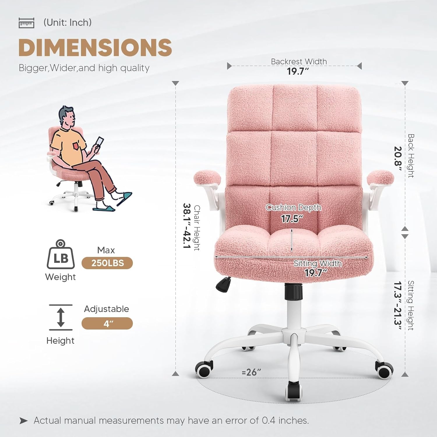 🌸Pink Ergonomic Office Chair with Flip-Up Arms – Faux Fur Velvet Desk Chair, Adjustable Height & Wheels, Cozy Gaming and Work Station Seating