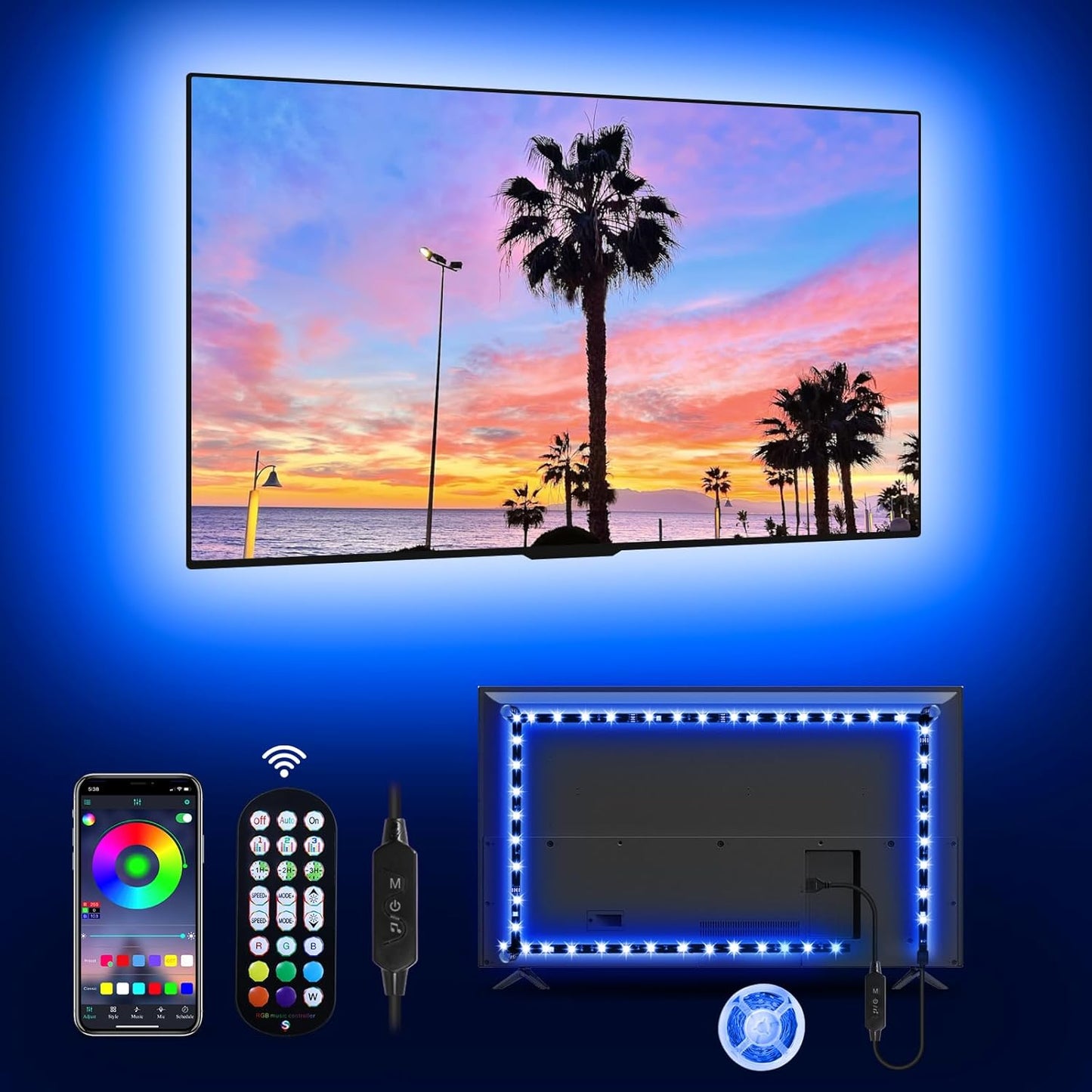 RGB LED TV Backlight Strip โ USB Powered, Music Sync & App Control | 9.84ft for 32"-43" Screens | Mood Lighting for Gaming, Workspaces & Entertainment Rooms
