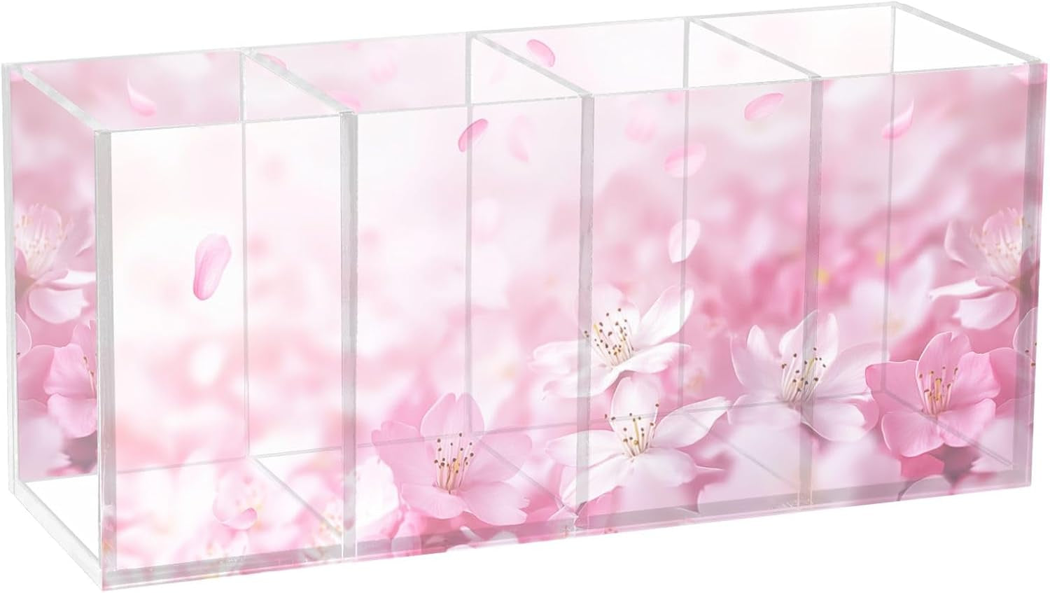 🌸Pink Cherry Blossom Acrylic Makeup Brush & Pen Organizer – 4-Compartment Floral Desk Storage for Offices, Vanities & Game Stations | Geek Findings