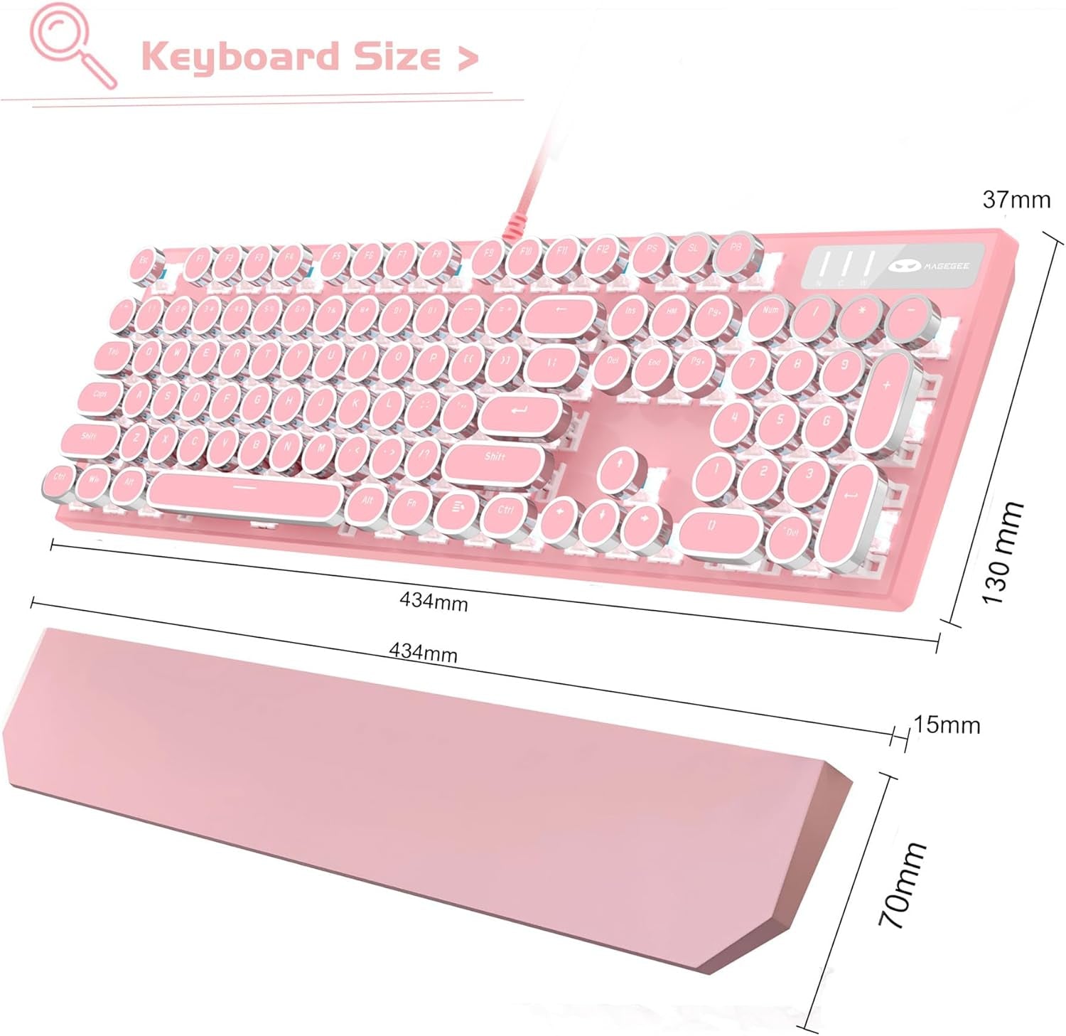 πΈβ¨οΈ Retro Pink Typewriter Mechanical Gaming Keyboard β 104-Key Blue Switch Wired Keyboard with LED White Backlight & Wrist Rest | Perfect for Office & Game Stations | Geek Findings Cherry Blossom Collection