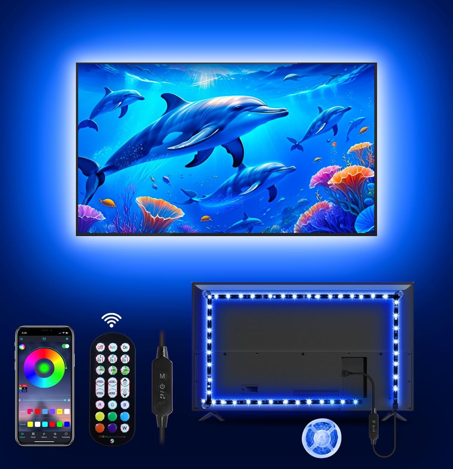 RGB LED TV Backlight Strip โ USB Powered, Music Sync & App Control | 9.84ft for 32"-43" Screens | Mood Lighting for Gaming, Workspaces & Entertainment Rooms