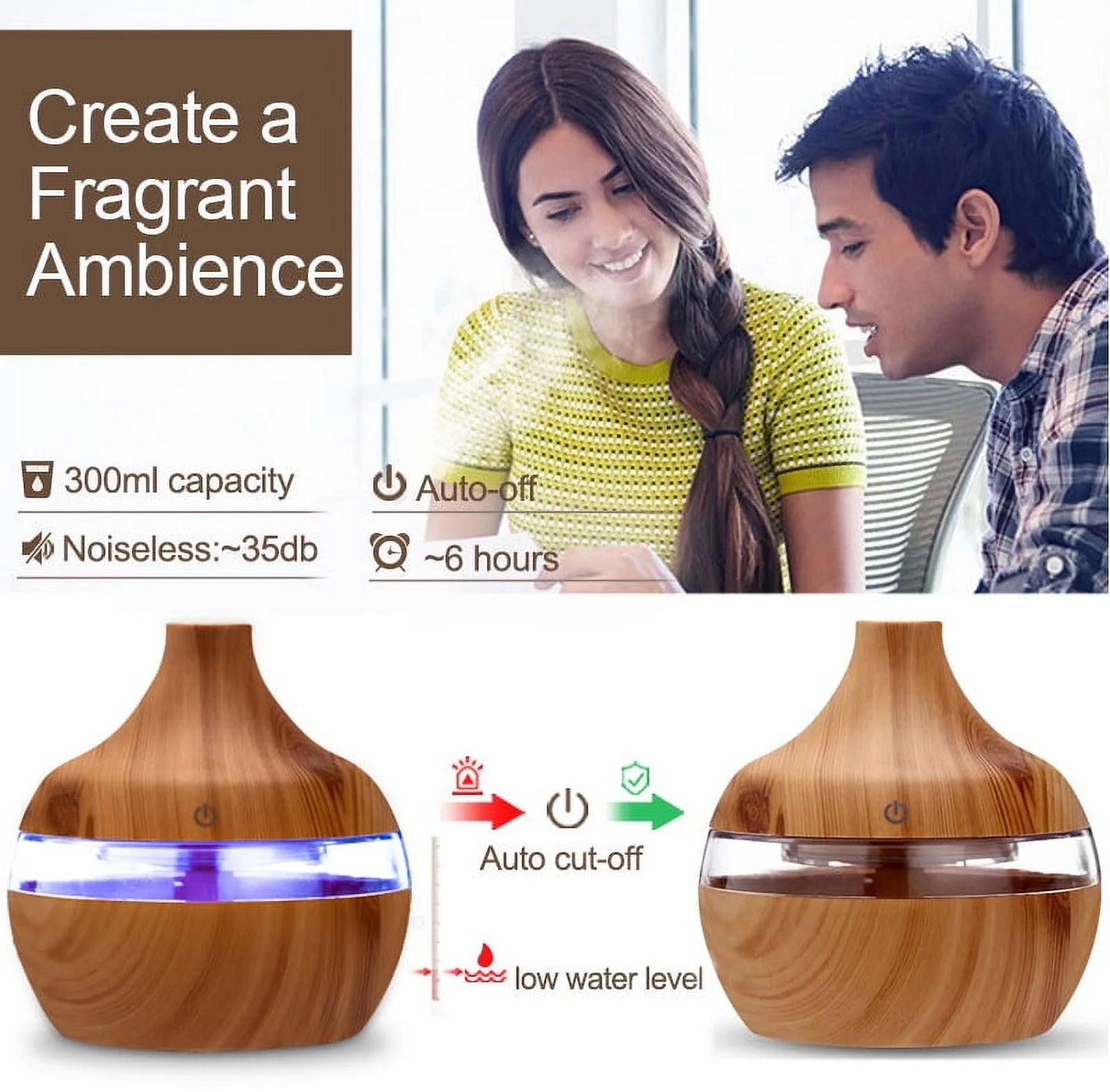 🌿 300ML Cool Mist Essential Oil Diffuser & Humidifier – Ultrasonic Aroma Air Freshener with Auto Shut-Off, 7 LED Colors & Timer