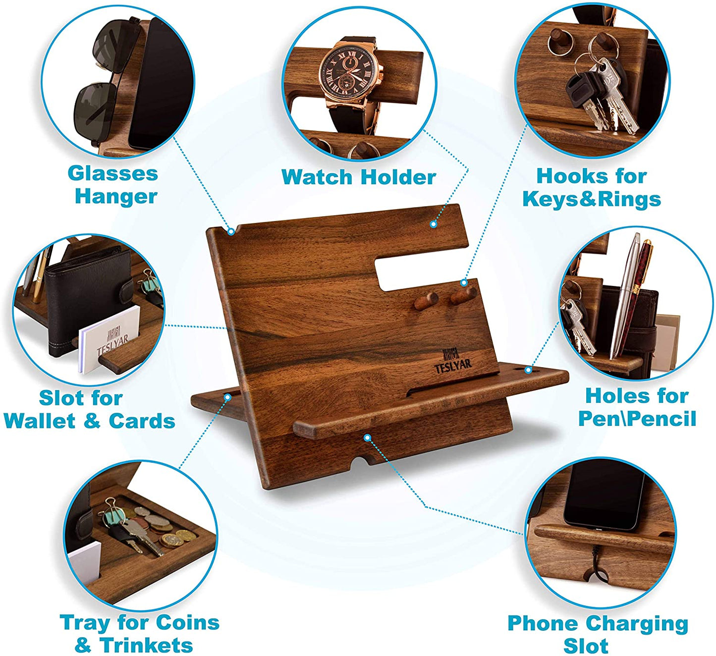Walnut Wood Phone Docking Station for Men – Smart Organizer for Desk or Nightstand | Gift for Dad, Husband, Gamer, Tech Lover