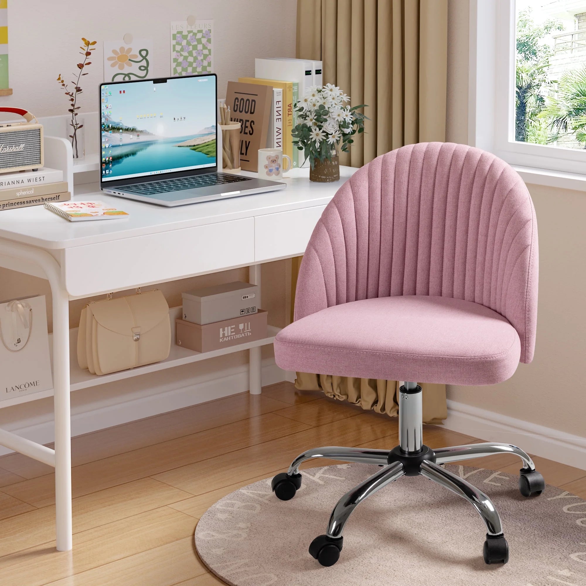 🌸Blossom Breeze: Adjustable Pink Home Office Chair – Mid-Back Rolling Task Chair for Bedroom, Living Room, Study | Cherry Blossom Collection