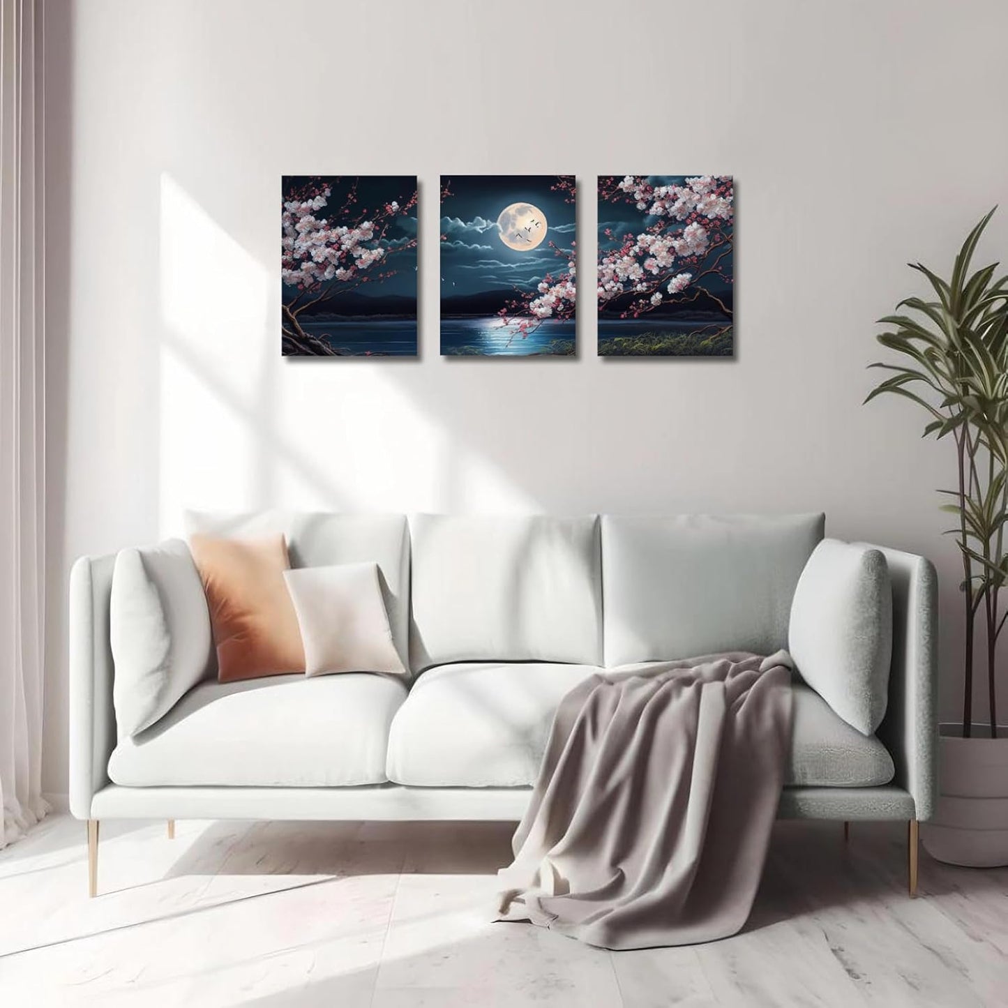 🌸🎑Cherry Blossom Moon Lake Framed Canvas Wall Art – Set of 3 | Japanese-Inspired Floral Landscape Prints for Game Stations, Offices & Home Decor | 16"x12" Each | Geek Findings Cherry Blossom Collection