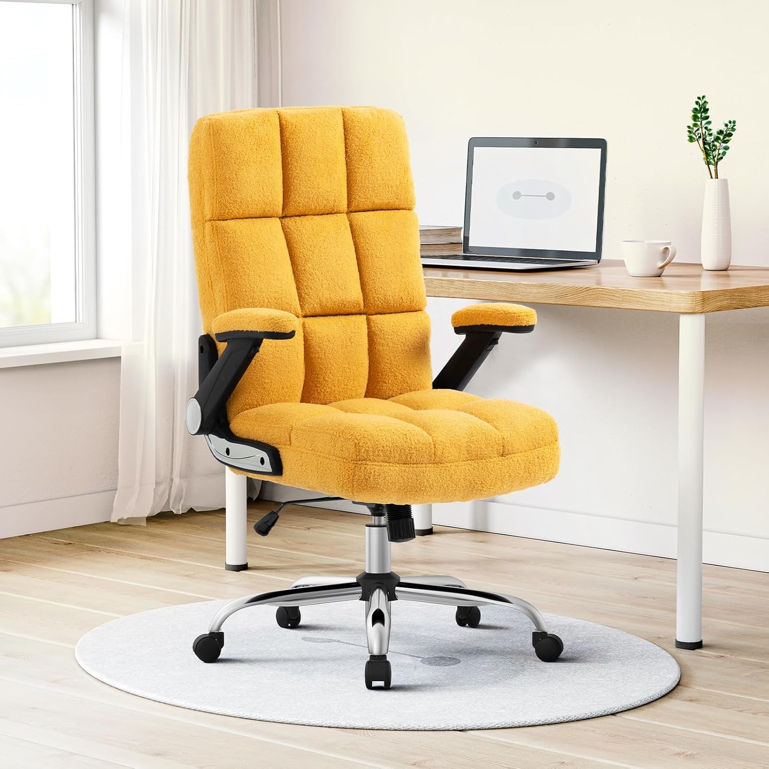 🌸Pink Ergonomic Office Chair with Flip-Up Arms – Faux Fur Velvet Desk Chair, Adjustable Height & Wheels, Cozy Gaming and Work Station Seating