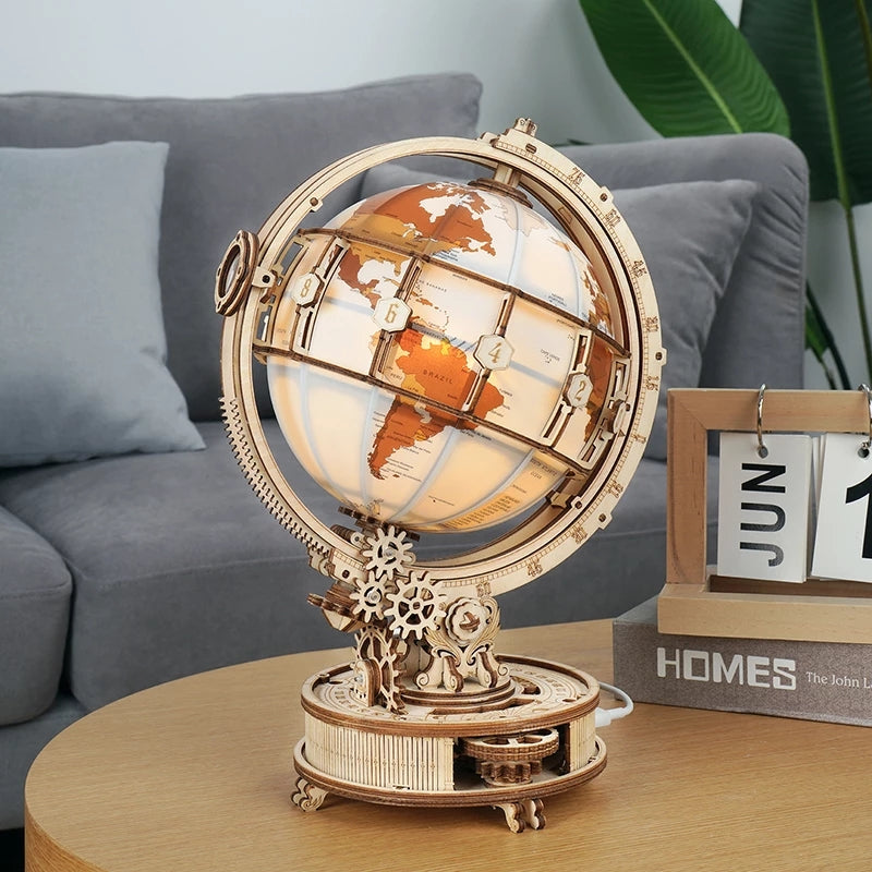 Robotime ROKR Luminous Globe 3D Wooden Puzzle - Rotatable Globe with Light | Perfect Desk Decor & Gift for Adults and Teens | Geek Findings