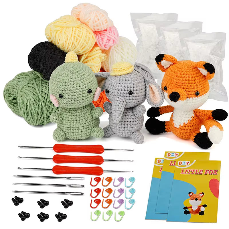 DIY Crochet Animal Kit for Beginners โ Plush Yarn Animal Craft Set (Dinosaur, Fox, Elephant, More) | Geeky Handmade Decor & Stress-Free Hobby for Adults & Teens