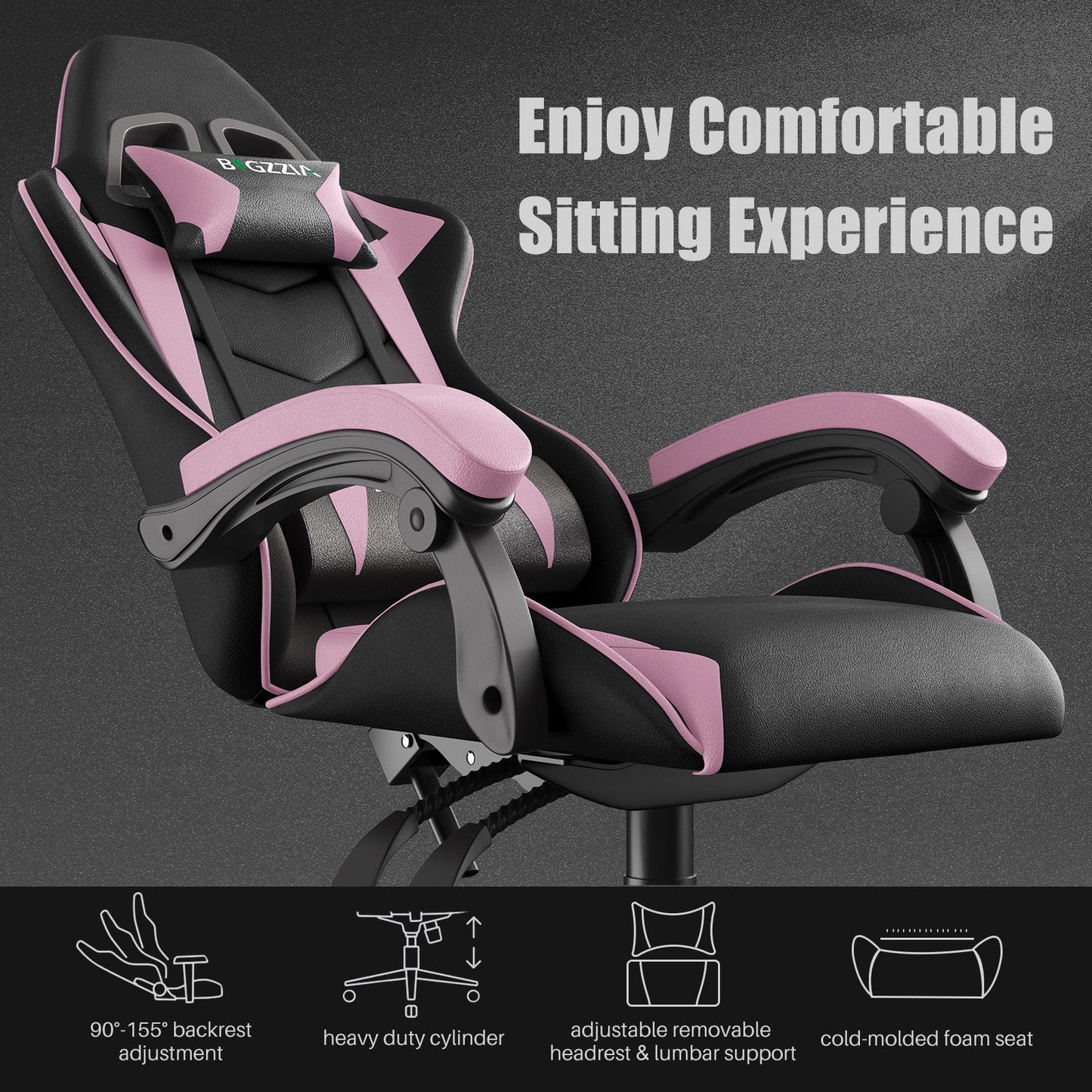 🌸🎮Bigzzia Pink & Black Racing Gaming Chair – Ergonomic Office Chair with Massage Lumbar Pillow, Adjustable Recline & Headrest | Cherry Blossom Collection | Geek Findings