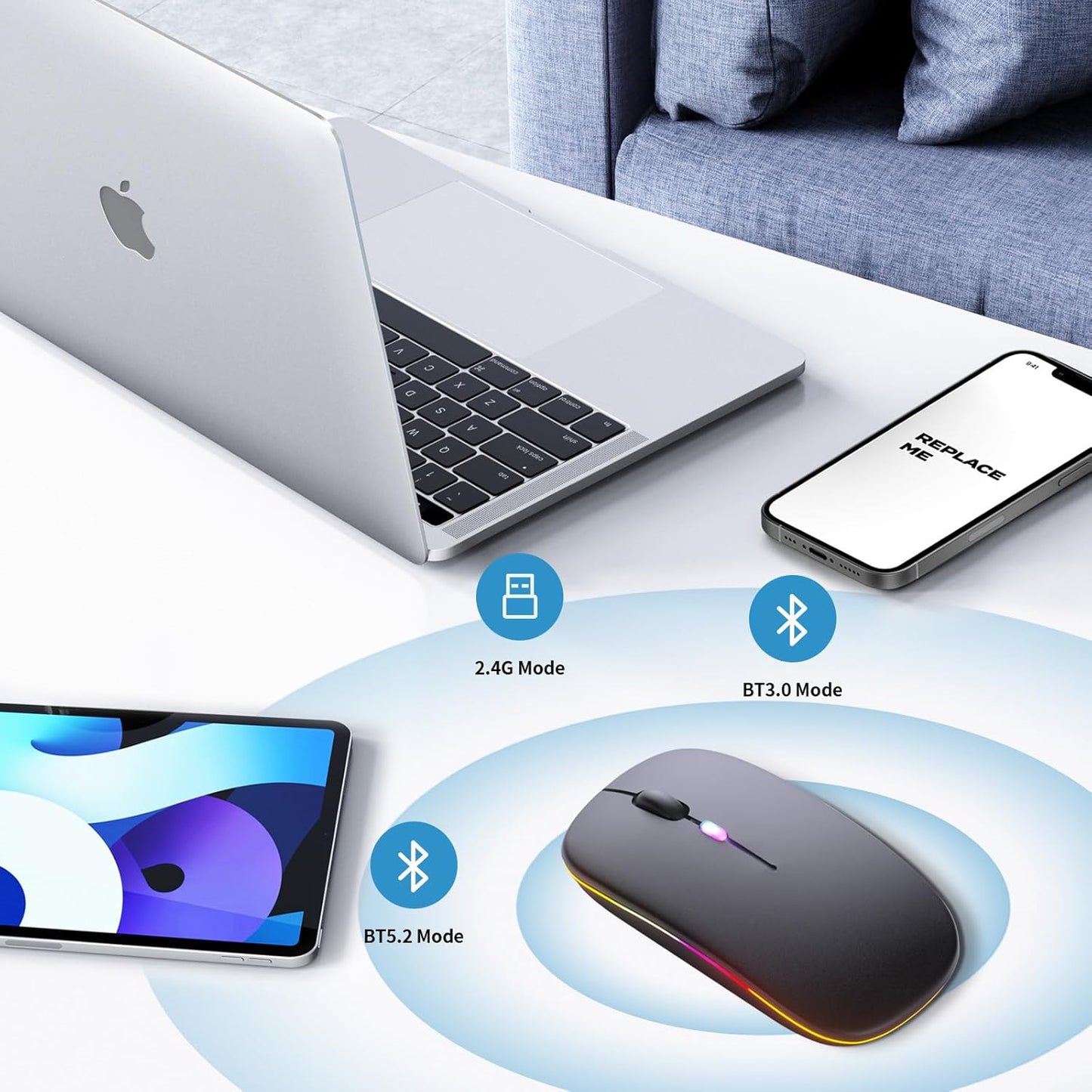 🖱️ Wireless Bluetooth Mouse with LED Lights – Silent, Rechargeable, Dual-Mode (BT 5.2 + 2.4GHz) | Ultra-Slim Tech Essential for Laptops, MacBooks, iPads & More – Black