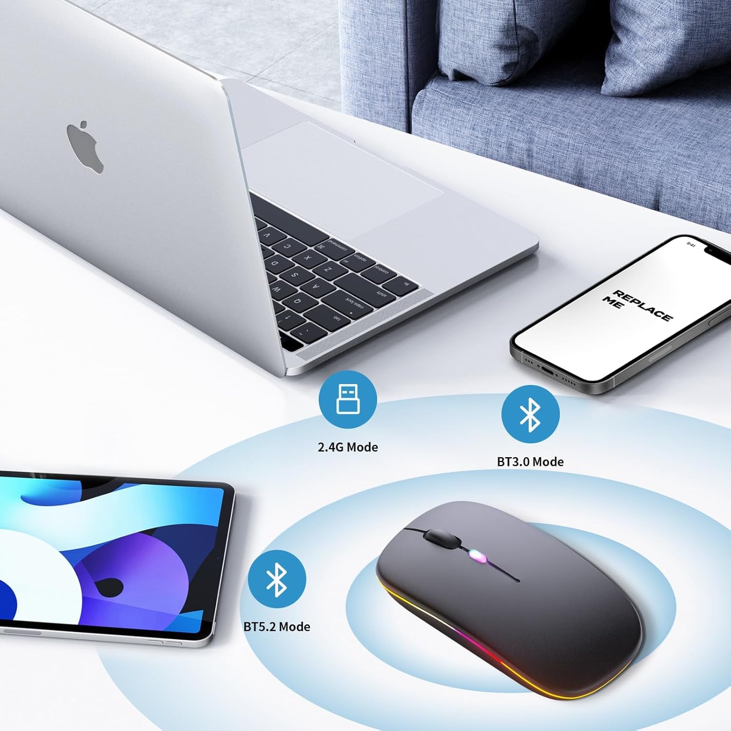 🖱️ Wireless Bluetooth Mouse with LED Lights – Silent, Rechargeable, Dual-Mode (BT 5.2 + 2.4GHz) | Ultra-Slim Tech Essential for Laptops, MacBooks, iPads & More – Black