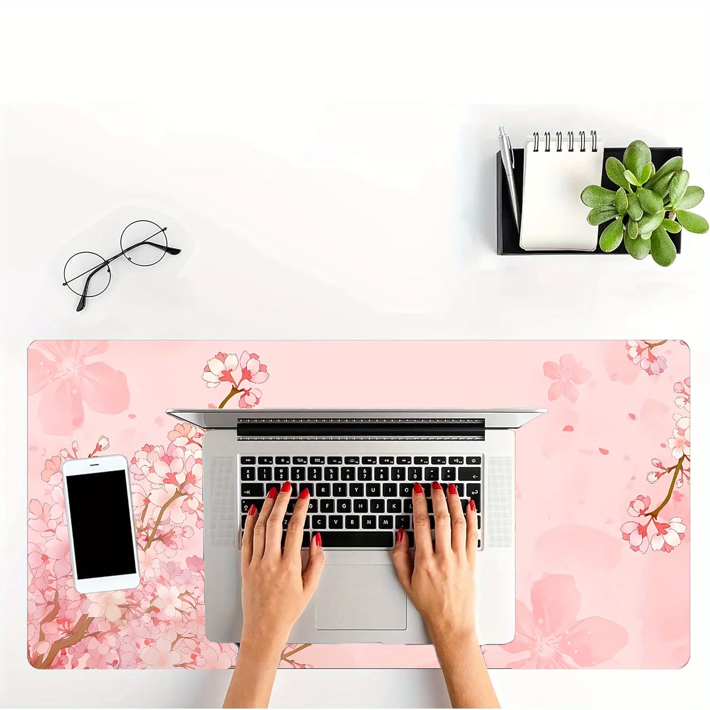 🌸🖱️Pink Cherry Blossom Extended Mouse Pad – Large Desk Mat with Non-Slip Rubber Base | Seam-Edge Gaming & Office Mat | Breathable Lycra Surface | Geek Findings Cherry Blossom Collection