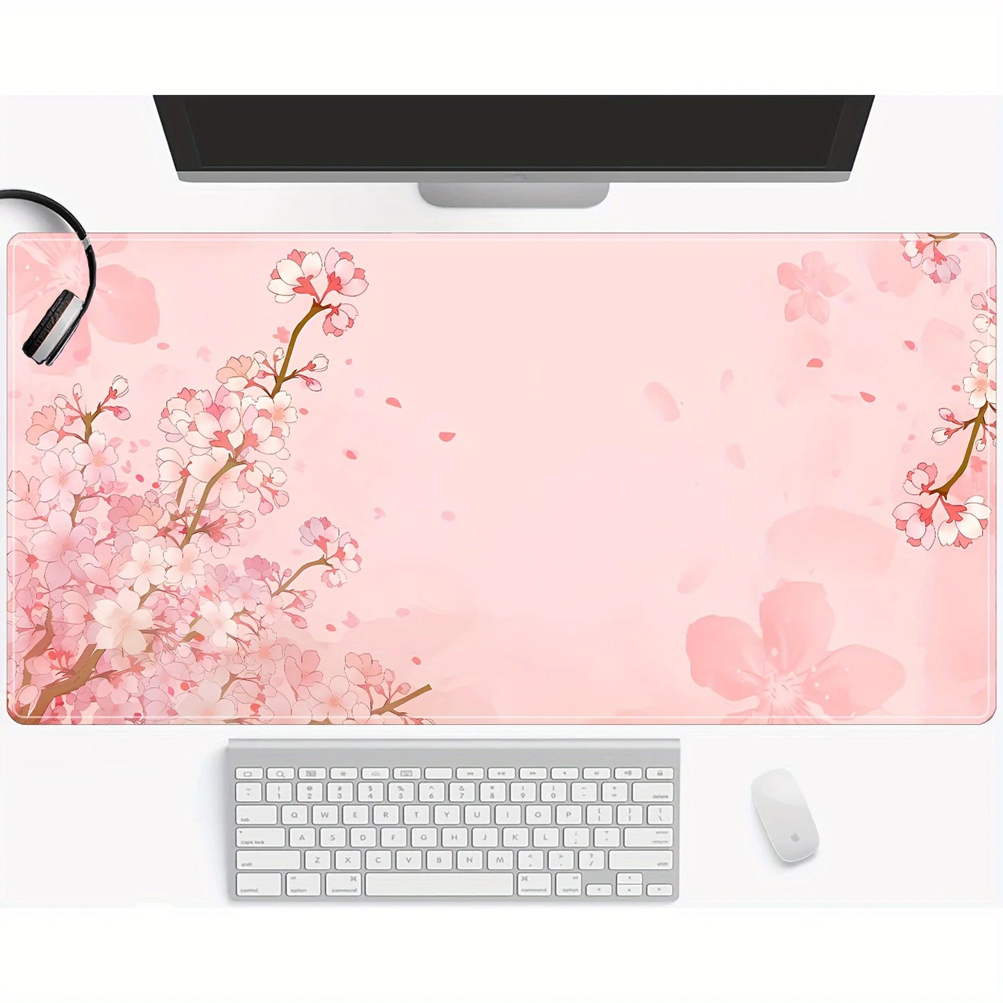 🌸🖱️Pink Cherry Blossom Extended Mouse Pad – Large Desk Mat with Non-Slip Rubber Base | Seam-Edge Gaming & Office Mat | Breathable Lycra Surface | Geek Findings Cherry Blossom Collection