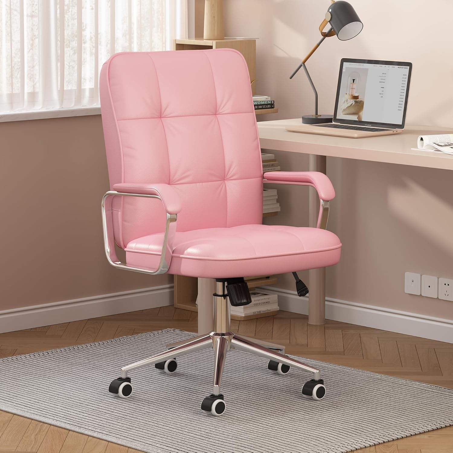🌸Blossom Luxe: Pink PU Leather Office Chair – Adjustable Swivel Desk Chair with Wheels and Padded Arms | Cherry Blossom Collection